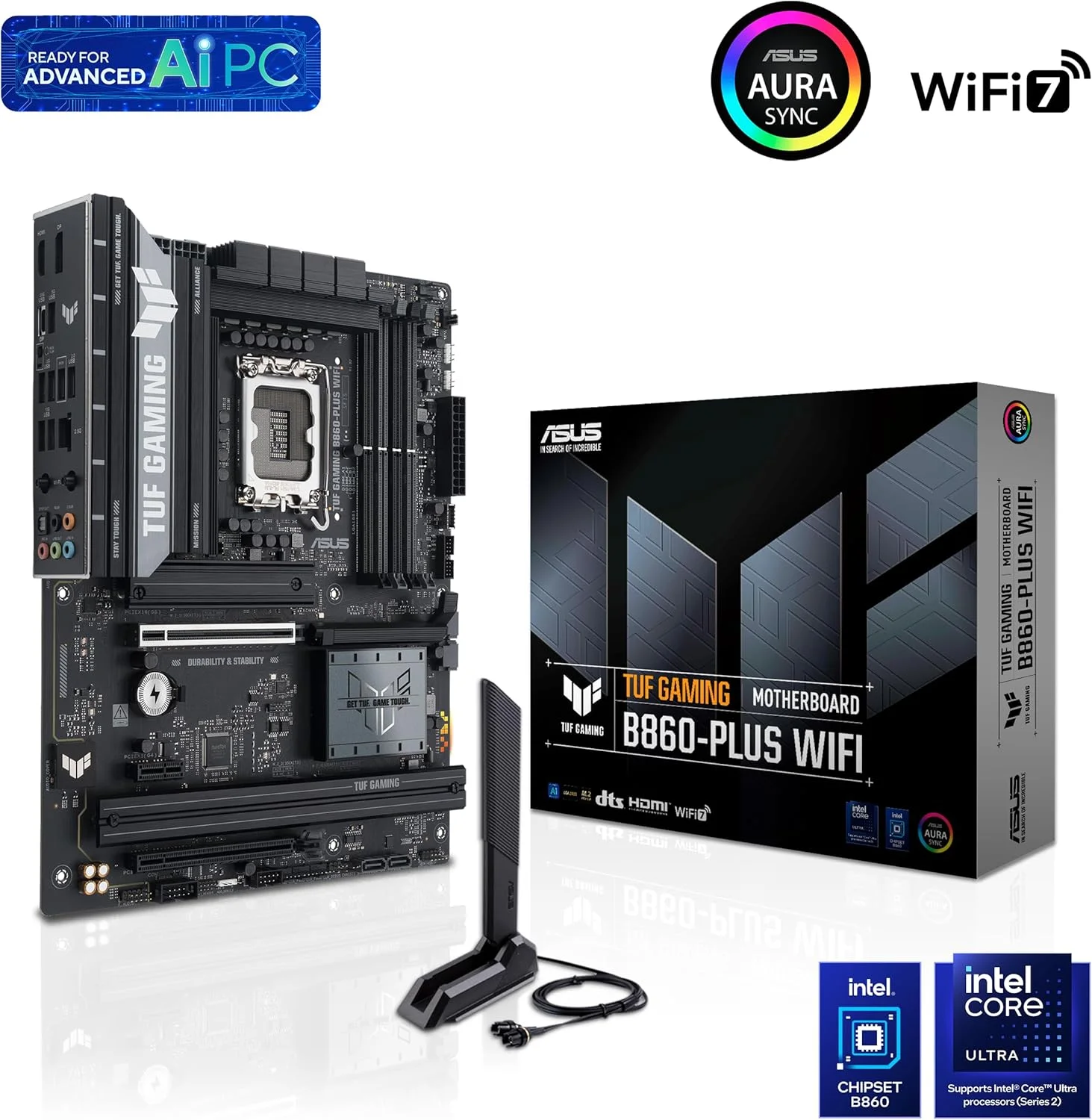 مادربرد ایسوس TUF Gaming B860-PLUS WiFi B860 LGA 1851 ATX، آماده برای پردازنده‌های Intel® Core™ Ultra Series 2، مجهز به هوش مصنوعی پیشرفته، دارای 12+1+2+1 فاز، DDR5، PCIe 5.0، 3X M.2، Wi-Fi 7، LAN 2.5Gb، USB 20Gbps Type-C®