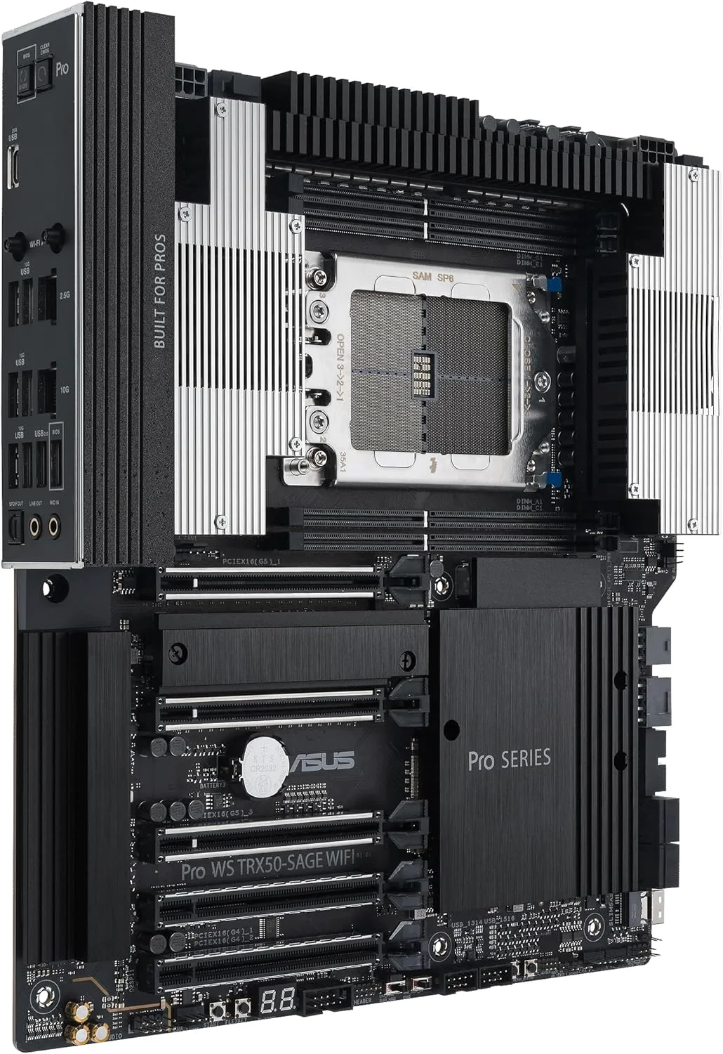 مادربرد ورک استیشن ASUS Pro WS TRX50-SAGE WIFI CEB، AMD Ryzen Threadripper PRO 7000 WX، ECC R-DIMM DDR5، 36 مرحله قدرت، WiFi 7، PCIe 5.0 x 16، PCIe 5.0 M.2، LAN 10 گیگابیتی و 2.5 گیگابیتی، پشتیبانی از چند GPU.