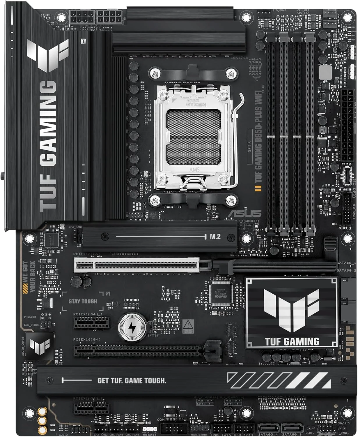 مادربرد ASUS TUF Gaming B850-PLUS WiFi AMD AM5 B850 ATX، دارای 14+2+1 فاز 80A، آماده هوش مصنوعی، DDR5، PCIe 5.0، 3X M.2، Wi-Fi 7، LAN 2.5Gb، DisplayPort، HDMI™، USB 10Gbps & 20Gbps Type-C®، BIOS Flashback™