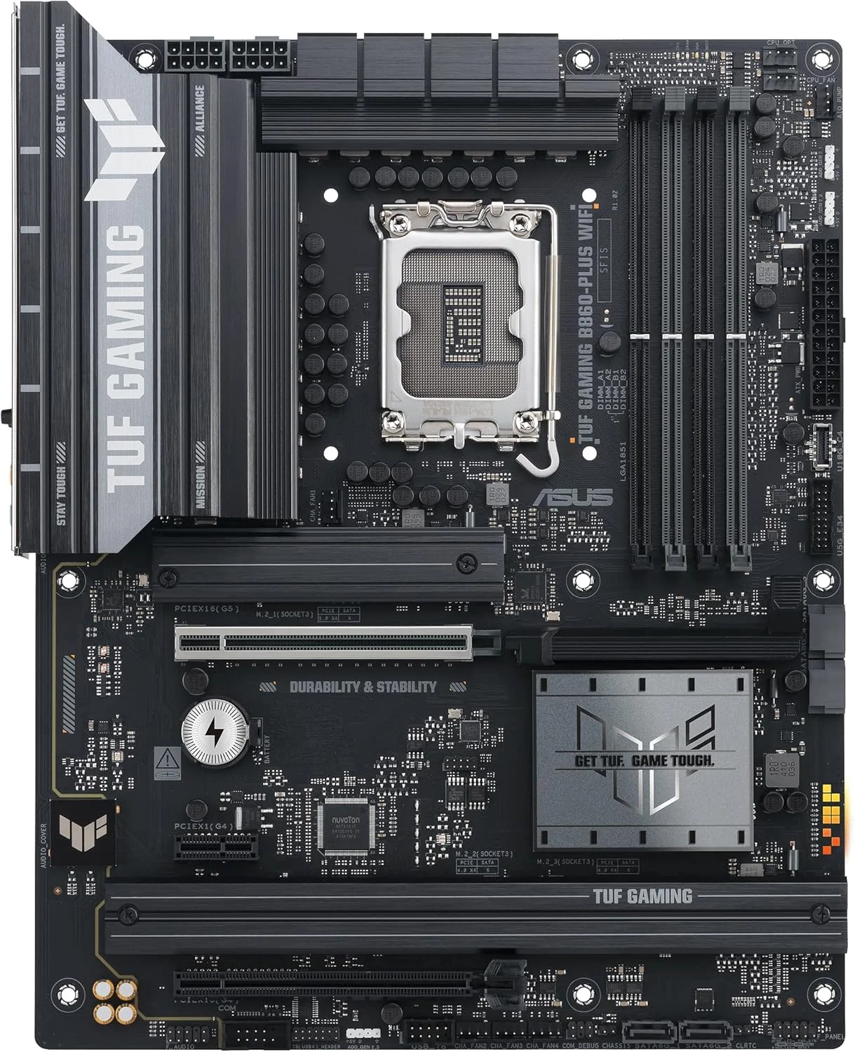 مادربرد ایسوس TUF Gaming B860-PLUS WiFi B860 LGA 1851 ATX، آماده برای پردازنده‌های Intel® Core™ Ultra Series 2، مجهز به هوش مصنوعی پیشرفته، دارای 12+1+2+1 فاز، DDR5، PCIe 5.0، 3X M.2، Wi-Fi 7، LAN 2.5Gb، USB 20Gbps Type-C®
