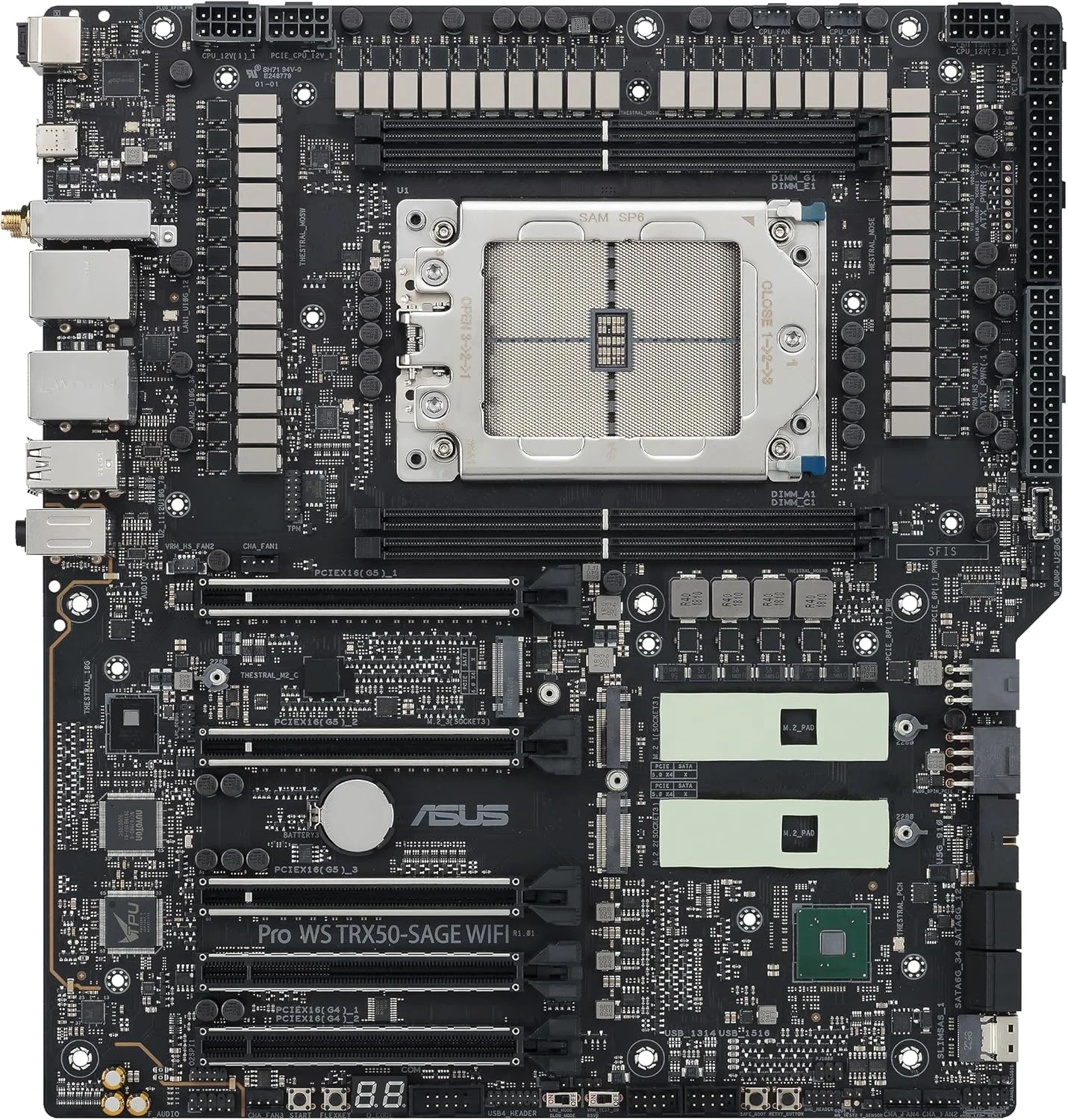 مادربرد ورک استیشن ASUS Pro WS TRX50-SAGE WIFI CEB، AMD Ryzen Threadripper PRO 7000 WX، ECC R-DIMM DDR5، 36 مرحله قدرت، WiFi 7، PCIe 5.0 x 16، PCIe 5.0 M.2، LAN 10 گیگابیتی و 2.5 گیگابیتی، پشتیبانی از چند GPU.