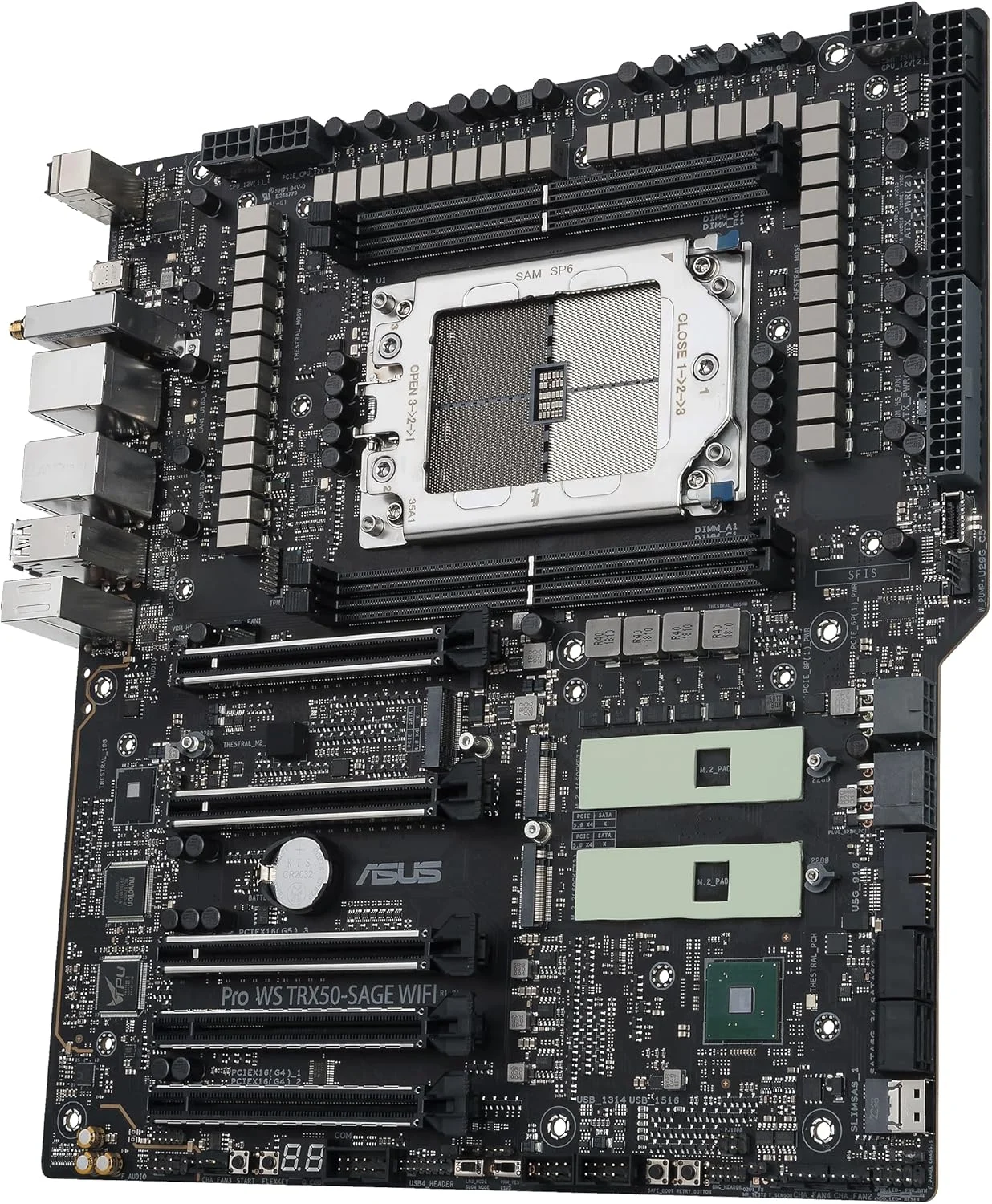 مادربرد ورک استیشن ASUS Pro WS TRX50-SAGE WIFI CEB، AMD Ryzen Threadripper PRO 7000 WX، ECC R-DIMM DDR5، 36 مرحله قدرت، WiFi 7، PCIe 5.0 x 16، PCIe 5.0 M.2، LAN 10 گیگابیتی و 2.5 گیگابیتی، پشتیبانی از چند GPU.