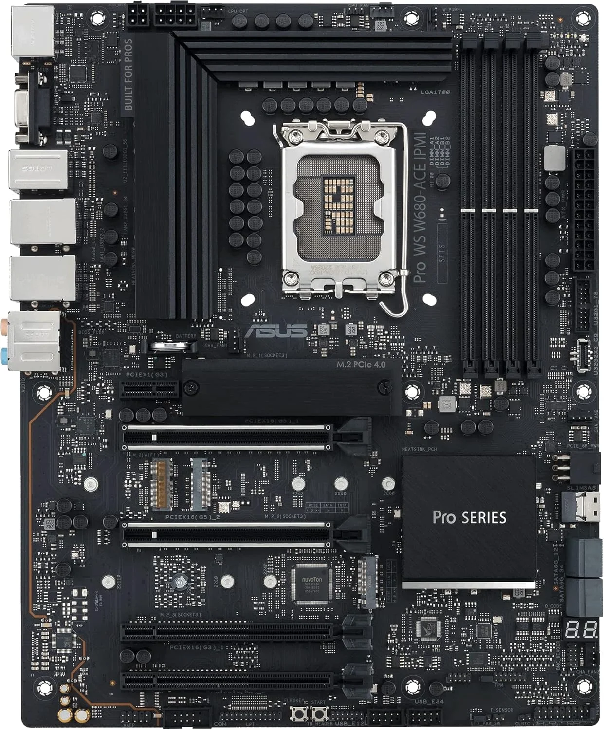 مادربرد ورک استیشن ASUS Pro WS W680-ACE IPMI Intel LGA1700 ATX، دارای 2 اسلات PCIe 5.0x16، DDR5، حافظه ECC، 2x2.5 Gb Lan، 3 اسلات M.2، SlimSAS، هدر BMC، هدر THUNDERBOLT4، کارت توسعه IPMI همراه، ACCE