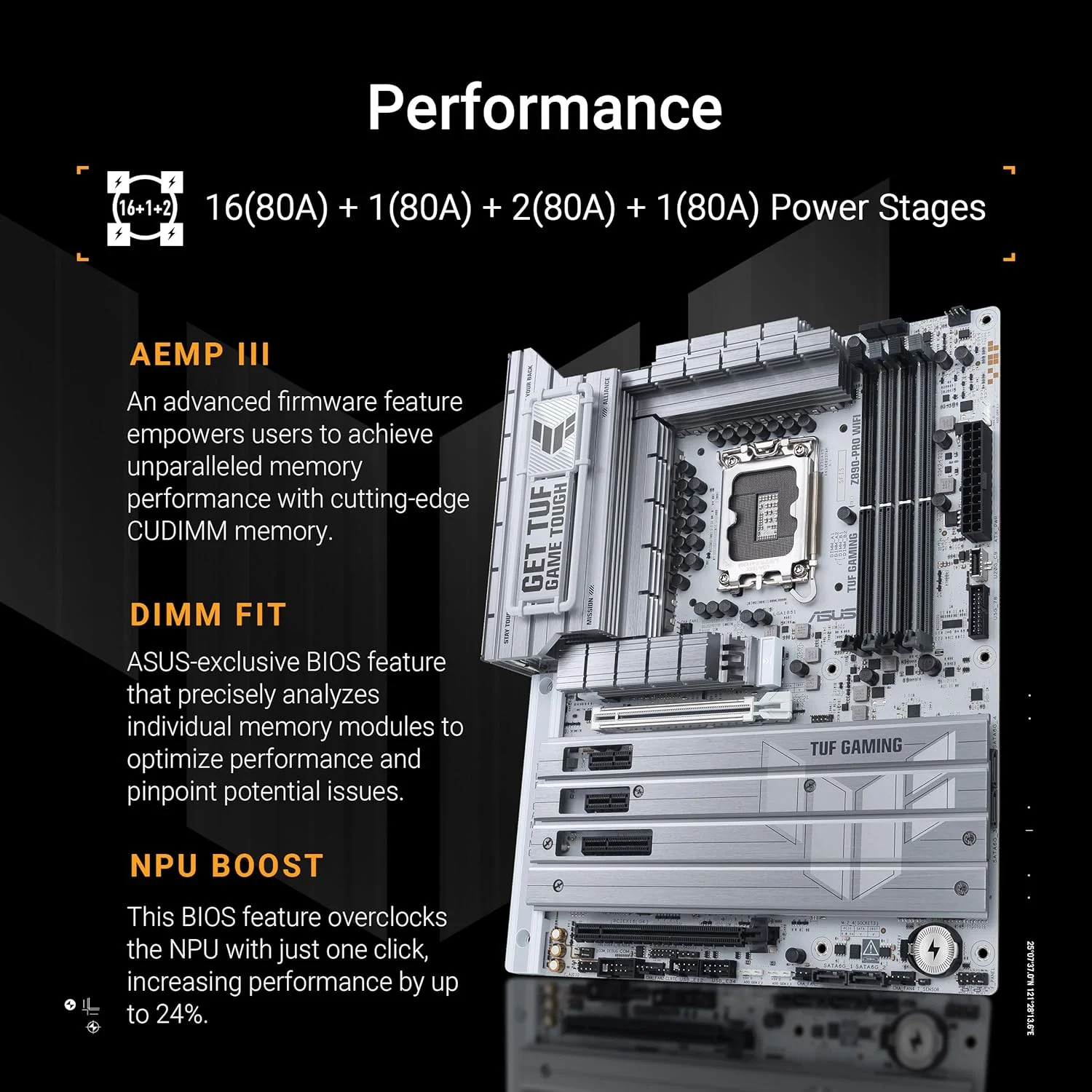 مادربرد ASUS TUF Gaming Z890-PRO WiFi Z890 LGA 1851 ATX، آماده برای پردازنده‌های Intel® Core™ Ultra Series 2، آماده برای رایانه شخصی با هوش مصنوعی پیشرفته، 16+1+2+1 فاز، DDR5، PCIe® 5.0، Thunderbolt 4 Type-C، 4X M.2، Wi-Fi 7، 2.5Gb