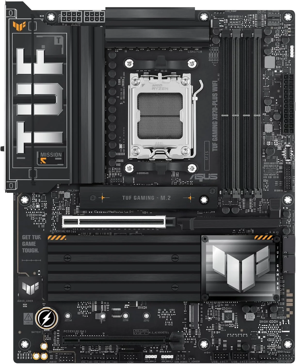مادربرد ASUS TUF Gaming X870-PLUS WiFi AMD AM5 X870 ATX، 16+2+1 فاز قدرت، استیج های قدرت 80A SPS، DDR5، آماده PCIe 5.0، چهار اسلات M.2، Wi-Fi 7، LAN 2.5Gb، HDMI، USB4® 40Gbps، SATA 6 Gbps، USB 20Gbps Type-C