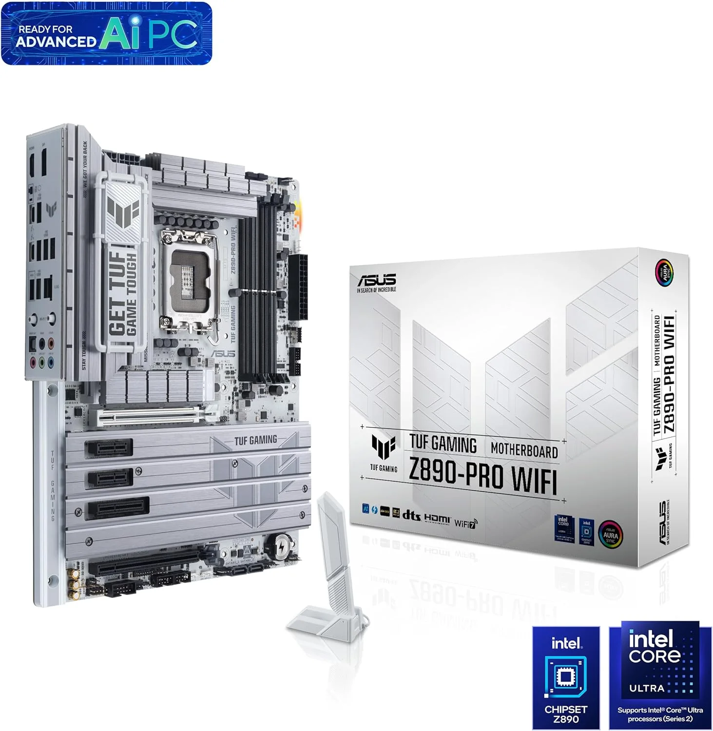 مادربرد ASUS TUF Gaming Z890-PRO WiFi Z890 LGA 1851 ATX، آماده برای پردازنده‌های Intel® Core™ Ultra Series 2، آماده برای رایانه شخصی با هوش مصنوعی پیشرفته، 16+1+2+1 فاز، DDR5، PCIe® 5.0، Thunderbolt 4 Type-C، 4X M.2، Wi-Fi 7، 2.5Gb