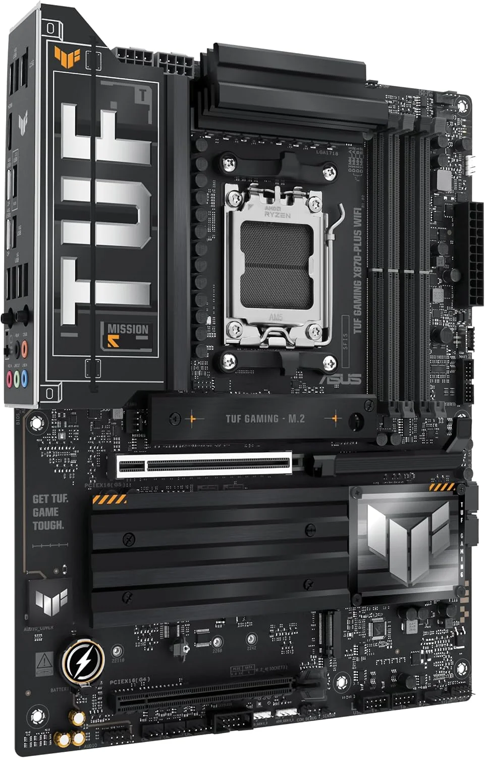 مادربرد ASUS TUF Gaming X870-PLUS WiFi AMD AM5 X870 ATX، 16+2+1 فاز قدرت، استیج های قدرت 80A SPS، DDR5، آماده PCIe 5.0، چهار اسلات M.2، Wi-Fi 7، LAN 2.5Gb، HDMI، USB4® 40Gbps، SATA 6 Gbps، USB 20Gbps Type-C