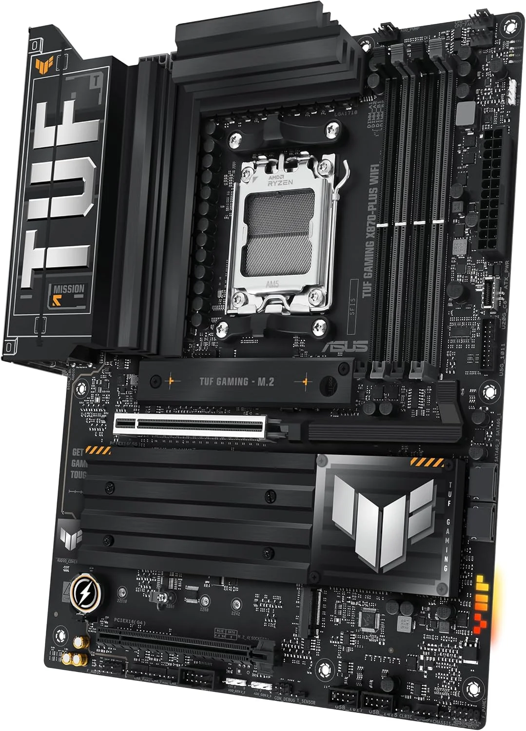 مادربرد ASUS TUF Gaming X870-PLUS WiFi AMD AM5 X870 ATX، 16+2+1 فاز قدرت، استیج های قدرت 80A SPS، DDR5، آماده PCIe 5.0، چهار اسلات M.2، Wi-Fi 7، LAN 2.5Gb، HDMI، USB4® 40Gbps، SATA 6 Gbps، USB 20Gbps Type-C
