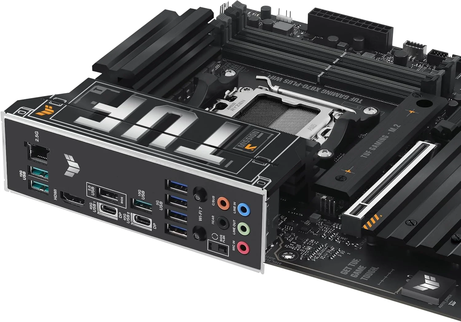 مادربرد ASUS TUF Gaming X870-PLUS WiFi AMD AM5 X870 ATX، 16+2+1 فاز قدرت، استیج های قدرت 80A SPS، DDR5، آماده PCIe 5.0، چهار اسلات M.2، Wi-Fi 7، LAN 2.5Gb، HDMI، USB4® 40Gbps، SATA 6 Gbps، USB 20Gbps Type-C