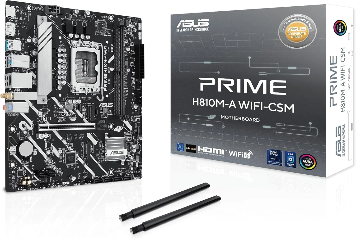 مادربرد ASUS Prime H810M-A WiFi-CSM Intel® H810 LGA 1851 mATX، ماسفت مجزا 6+1+1+1، DDR5، PCIe 4.0، 2X M.2، Intel® 1Gb Ethernet، Wi-Fi 6، DisplayPort، HDMI™، USB 10Gbps، USB 5Gbps Type-C® جلو
