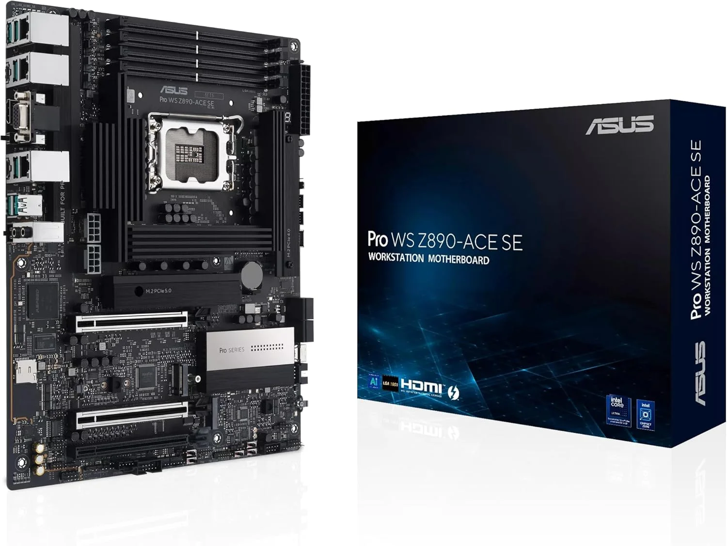 مادربرد ASUS Pro WS Z890-ACE SE Z890 LGA 1851 ATX، آماده برای پردازنده‌های Intel® Core™ Ultra Series 2، دارای قابلیت‌های پیشرفته هوش مصنوعی، PCIe® 5.0، DDR5، LAN 10G و 2.5G، 4X M.2، USB 20Gbps، Thunderbolt™ 4، BMC داخلی، AI OC