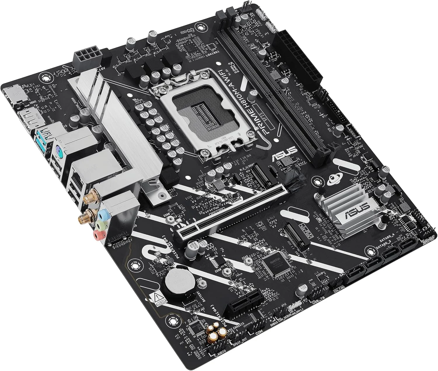 مادربرد ASUS Prime H810M-A WiFi-CSM Intel® H810 LGA 1851 mATX، ماسفت مجزا 6+1+1+1، DDR5، PCIe 4.0، 2X M.2، Intel® 1Gb Ethernet، Wi-Fi 6، DisplayPort، HDMI™، USB 10Gbps، USB 5Gbps Type-C® جلو