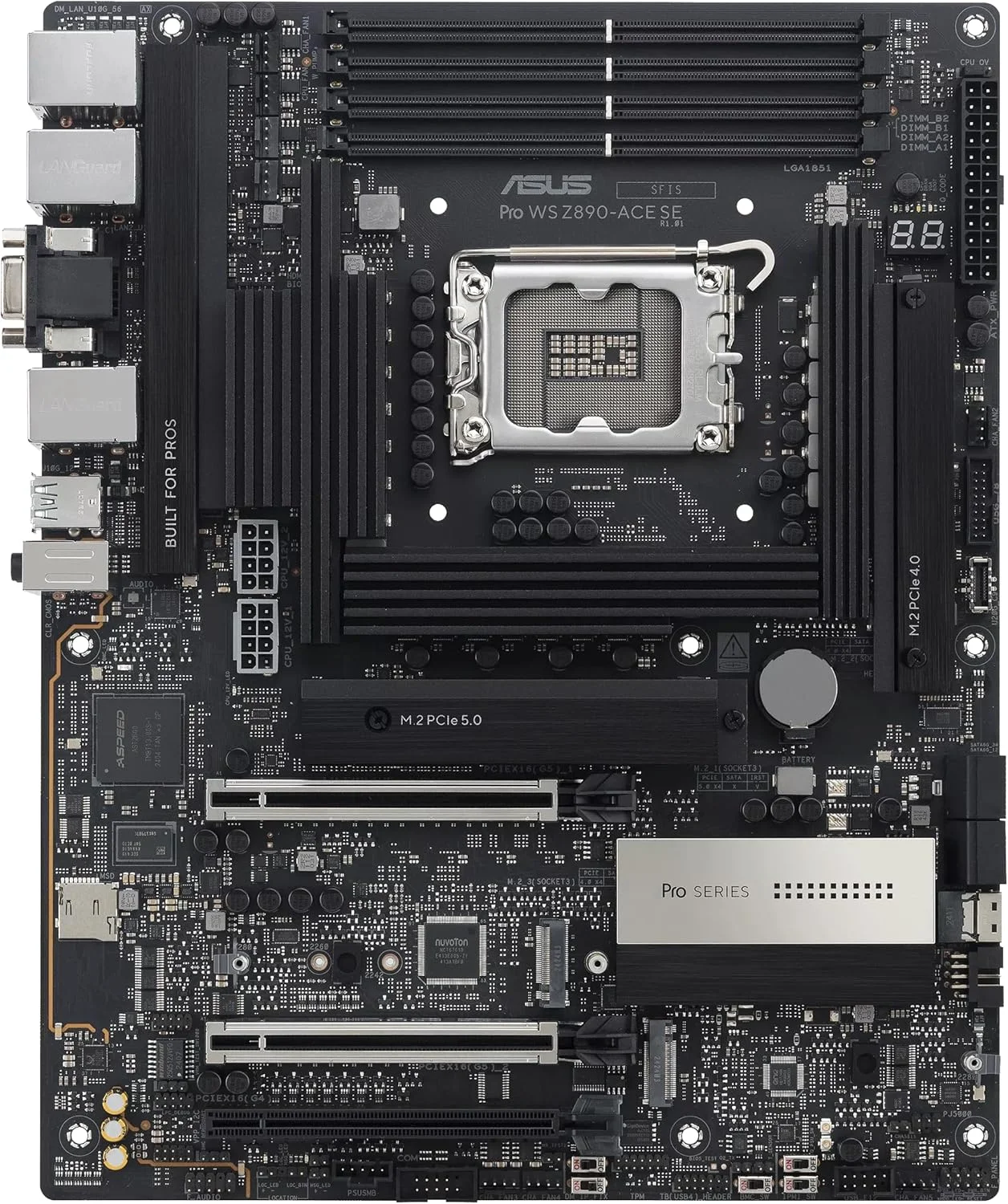 مادربرد ASUS Pro WS Z890-ACE SE Z890 LGA 1851 ATX، آماده برای پردازنده‌های Intel® Core™ Ultra Series 2، دارای قابلیت‌های پیشرفته هوش مصنوعی، PCIe® 5.0، DDR5، LAN 10G و 2.5G، 4X M.2، USB 20Gbps، Thunderbolt™ 4، BMC داخلی، AI OC