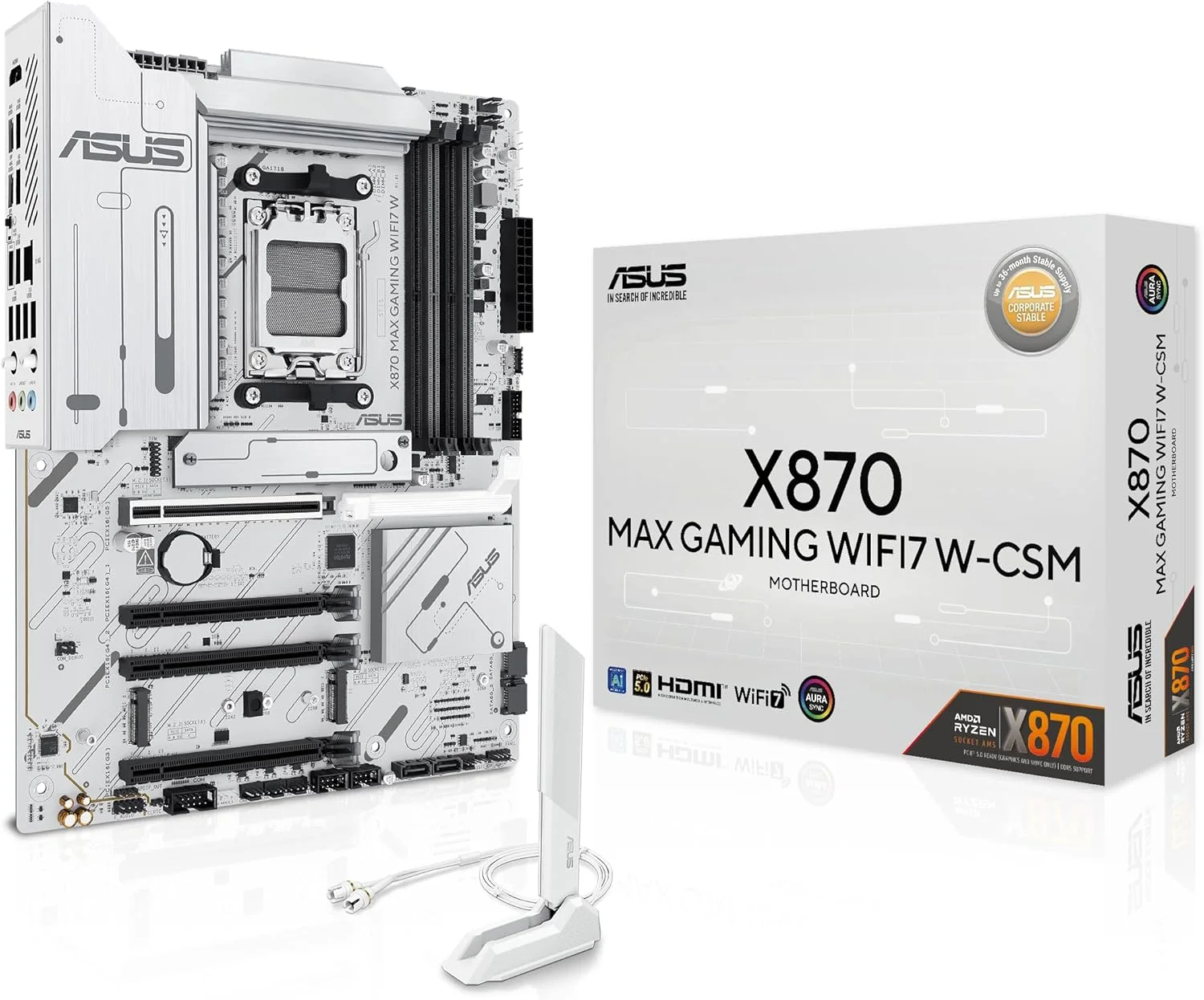 مادربرد ASUS X870 MAX GAMING WIFI7 W AMD AM5 ATX، PCB سفید 8 لایه، 12+2+1 DrMOS 80A، DDR5، PCIe 5.0 x16 Q-Release، 3x M.2، Wi-Fi 7 Q-Antenna، USB4® Type-C®، LAN 2.5Gb، BIOS FlashBack™، Aura Sync