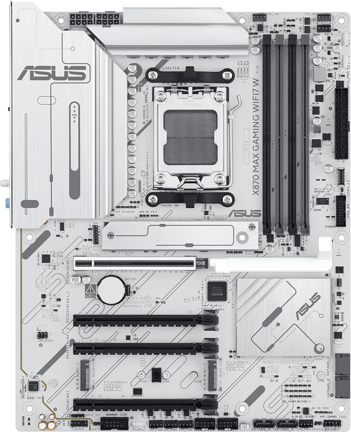 مادربرد ASUS X870 MAX GAMING WIFI7 W AMD AM5 ATX، PCB سفید 8 لایه، 12+2+1 DrMOS 80A، DDR5، PCIe 5.0 x16 Q-Release، 3x M.2، Wi-Fi 7 Q-Antenna، USB4® Type-C®، LAN 2.5Gb، BIOS FlashBack™، Aura Sync