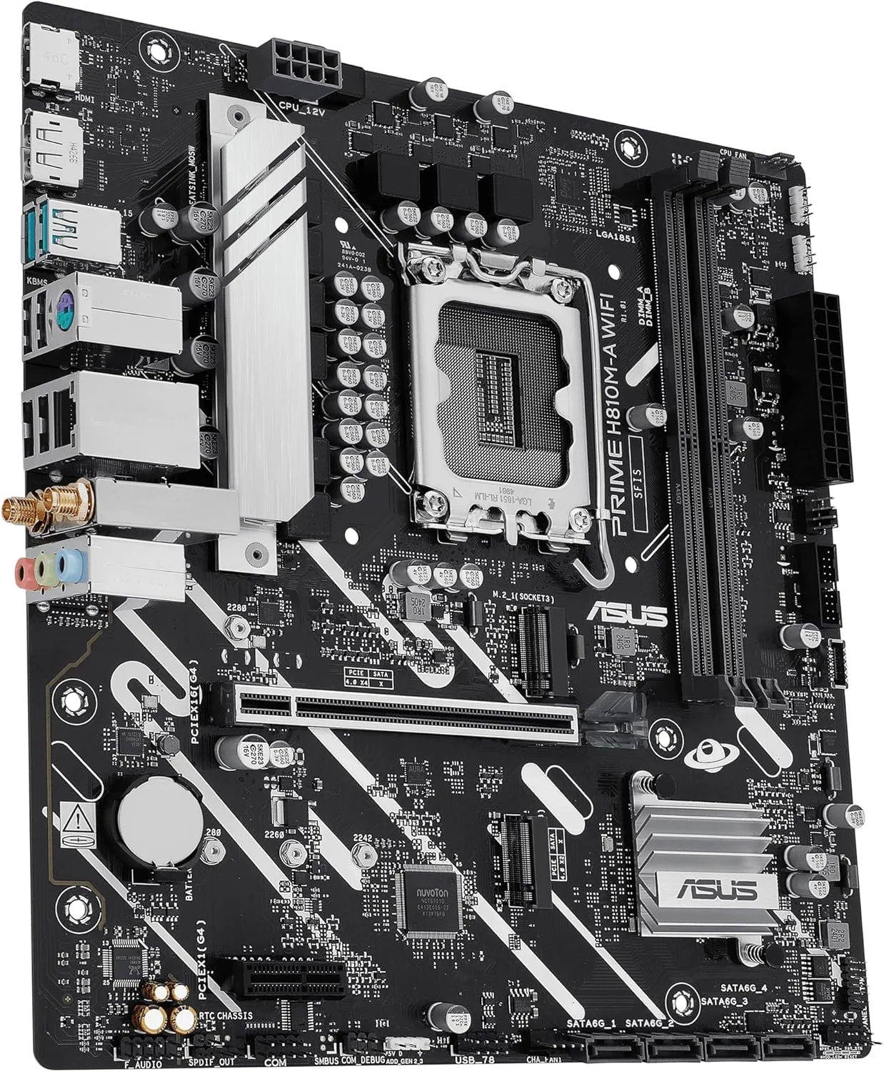 مادربرد ASUS Prime H810M-A WiFi-CSM Intel® H810 LGA 1851 mATX، ماسفت مجزا 6+1+1+1، DDR5، PCIe 4.0، 2X M.2، Intel® 1Gb Ethernet، Wi-Fi 6، DisplayPort، HDMI™، USB 10Gbps، USB 5Gbps Type-C® جلو