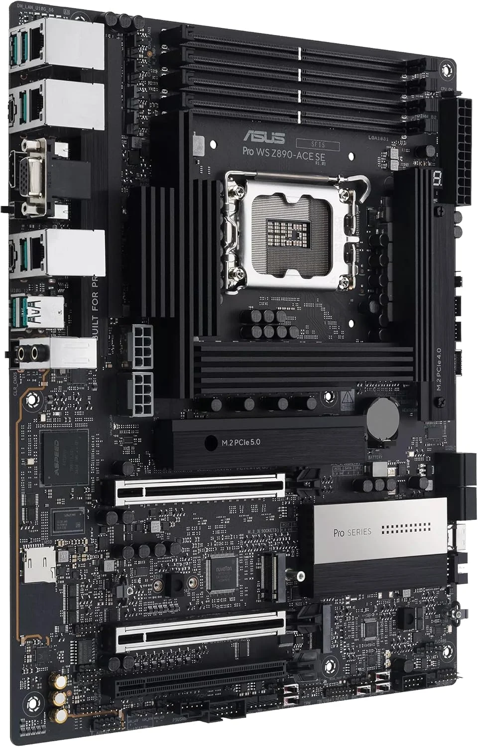 مادربرد ASUS Pro WS Z890-ACE SE Z890 LGA 1851 ATX، آماده برای پردازنده‌های Intel® Core™ Ultra Series 2، دارای قابلیت‌های پیشرفته هوش مصنوعی، PCIe® 5.0، DDR5، LAN 10G و 2.5G، 4X M.2، USB 20Gbps، Thunderbolt™ 4، BMC داخلی، AI OC