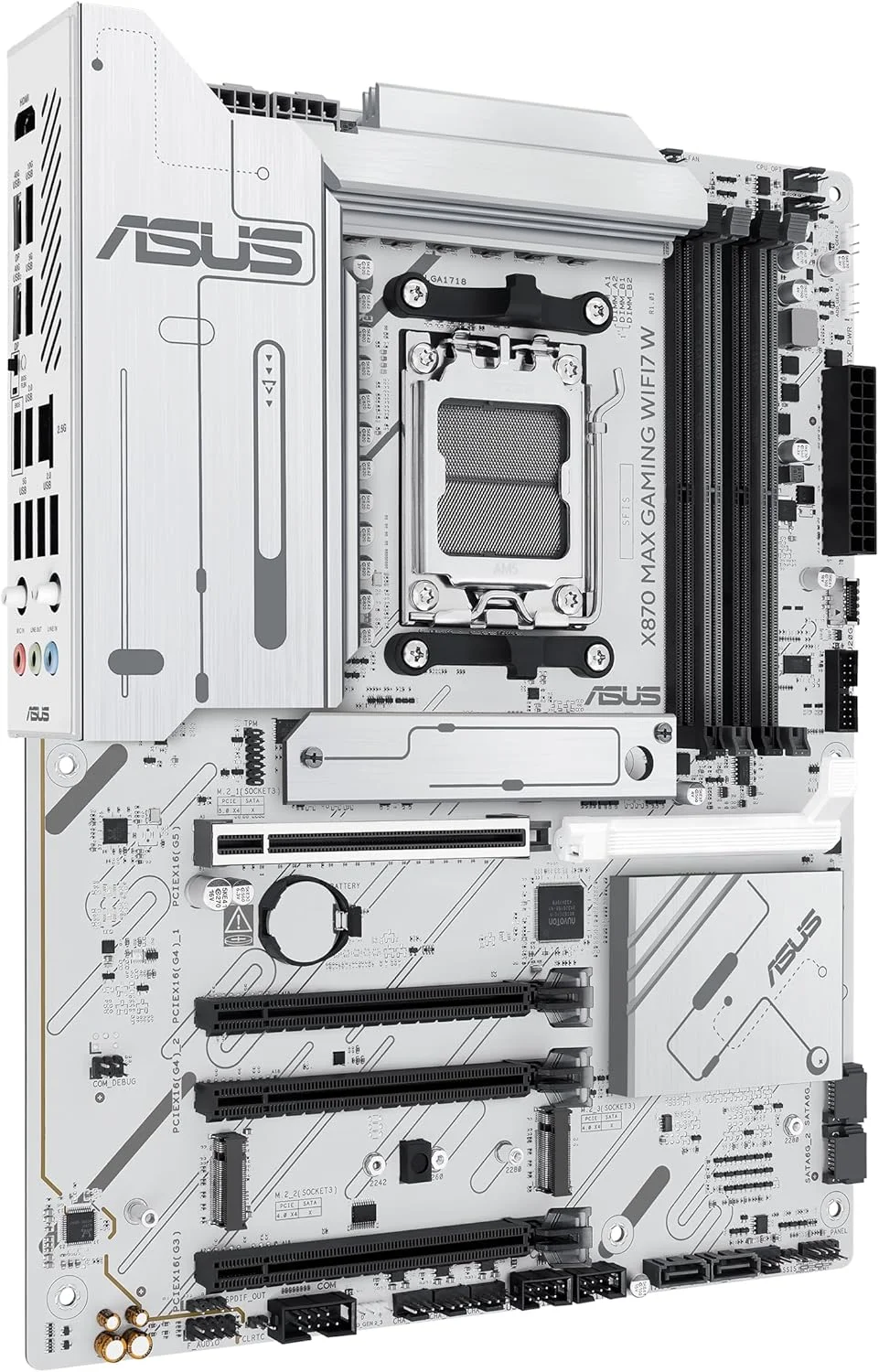 مادربرد ASUS X870 MAX GAMING WIFI7 W AMD AM5 ATX، PCB سفید 8 لایه، 12+2+1 DrMOS 80A، DDR5، PCIe 5.0 x16 Q-Release، 3x M.2، Wi-Fi 7 Q-Antenna، USB4® Type-C®، LAN 2.5Gb، BIOS FlashBack™، Aura Sync