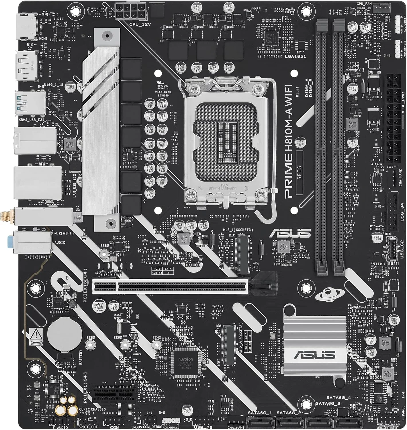 مادربرد ASUS Prime H810M-A WiFi-CSM Intel® H810 LGA 1851 mATX، ماسفت مجزا 6+1+1+1، DDR5، PCIe 4.0، 2X M.2، Intel® 1Gb Ethernet، Wi-Fi 6، DisplayPort، HDMI™، USB 10Gbps، USB 5Gbps Type-C® جلو