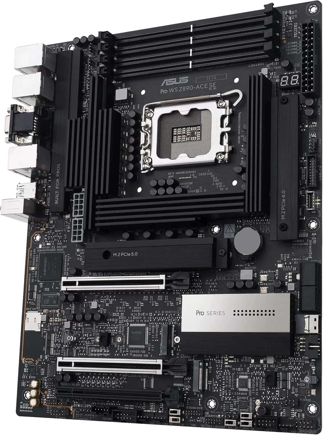 مادربرد ASUS Pro WS Z890-ACE SE Z890 LGA 1851 ATX، آماده برای پردازنده‌های Intel® Core™ Ultra Series 2، دارای قابلیت‌های پیشرفته هوش مصنوعی، PCIe® 5.0، DDR5، LAN 10G و 2.5G، 4X M.2، USB 20Gbps، Thunderbolt™ 4، BMC داخلی، AI OC