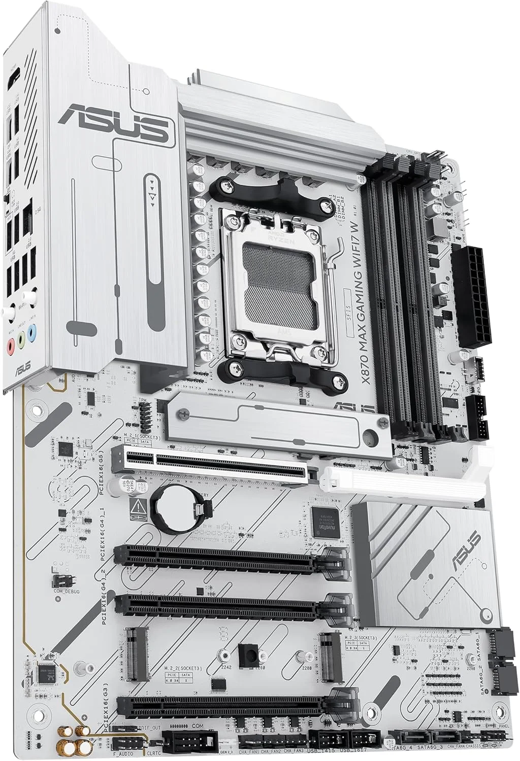 مادربرد ASUS X870 MAX GAMING WIFI7 W AMD AM5 ATX، PCB سفید 8 لایه، 12+2+1 DrMOS 80A، DDR5، PCIe 5.0 x16 Q-Release، 3x M.2، Wi-Fi 7 Q-Antenna، USB4® Type-C®، LAN 2.5Gb، BIOS FlashBack™، Aura Sync