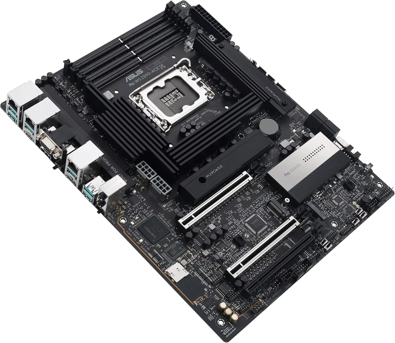 مادربرد ASUS Pro WS Z890-ACE SE Z890 LGA 1851 ATX، آماده برای پردازنده‌های Intel® Core™ Ultra Series 2، دارای قابلیت‌های پیشرفته هوش مصنوعی، PCIe® 5.0، DDR5، LAN 10G و 2.5G، 4X M.2، USB 20Gbps، Thunderbolt™ 4، BMC داخلی، AI OC