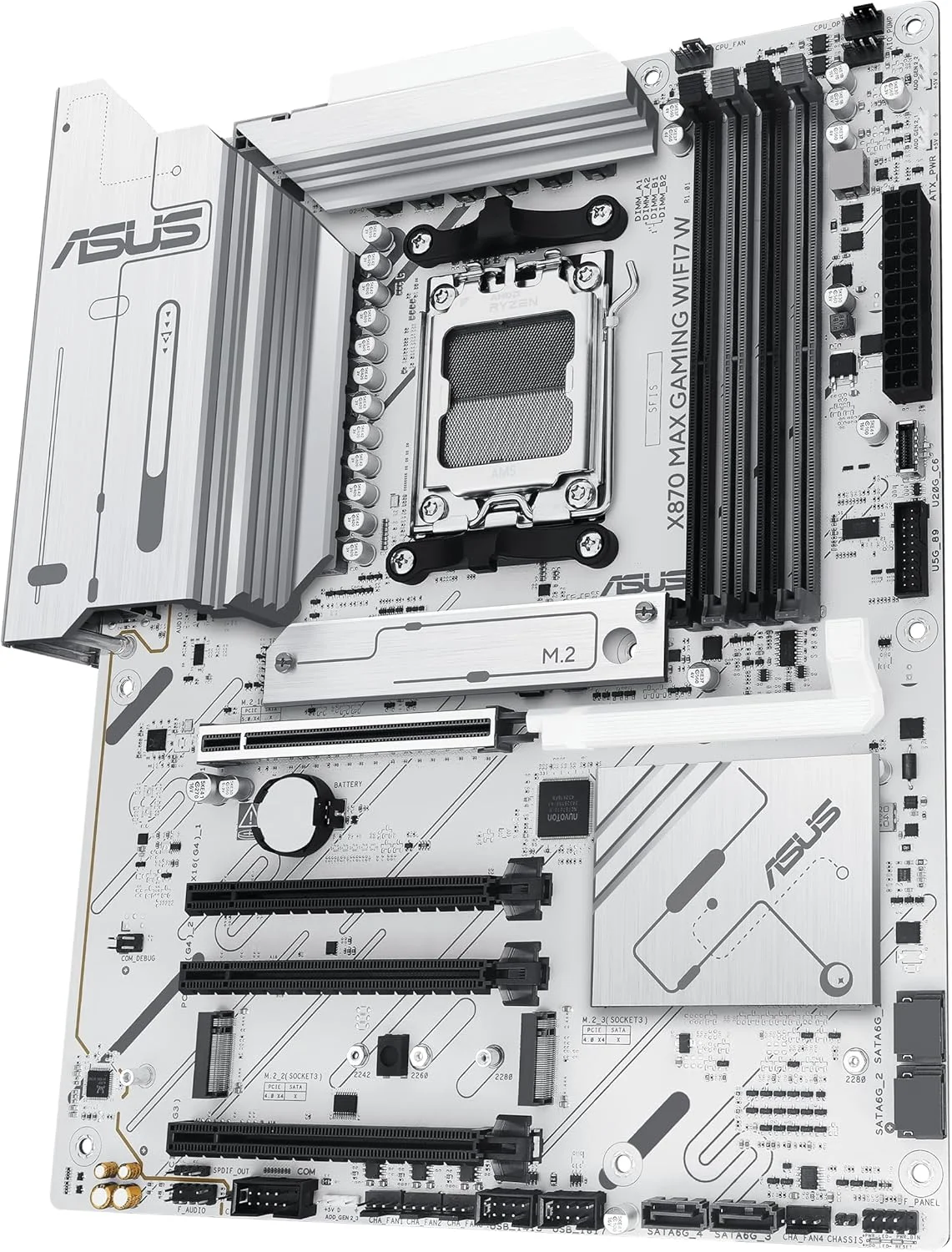 مادربرد ASUS X870 MAX GAMING WIFI7 W AMD AM5 ATX، PCB سفید 8 لایه، 12+2+1 DrMOS 80A، DDR5، PCIe 5.0 x16 Q-Release، 3x M.2، Wi-Fi 7 Q-Antenna، USB4® Type-C®، LAN 2.5Gb، BIOS FlashBack™، Aura Sync