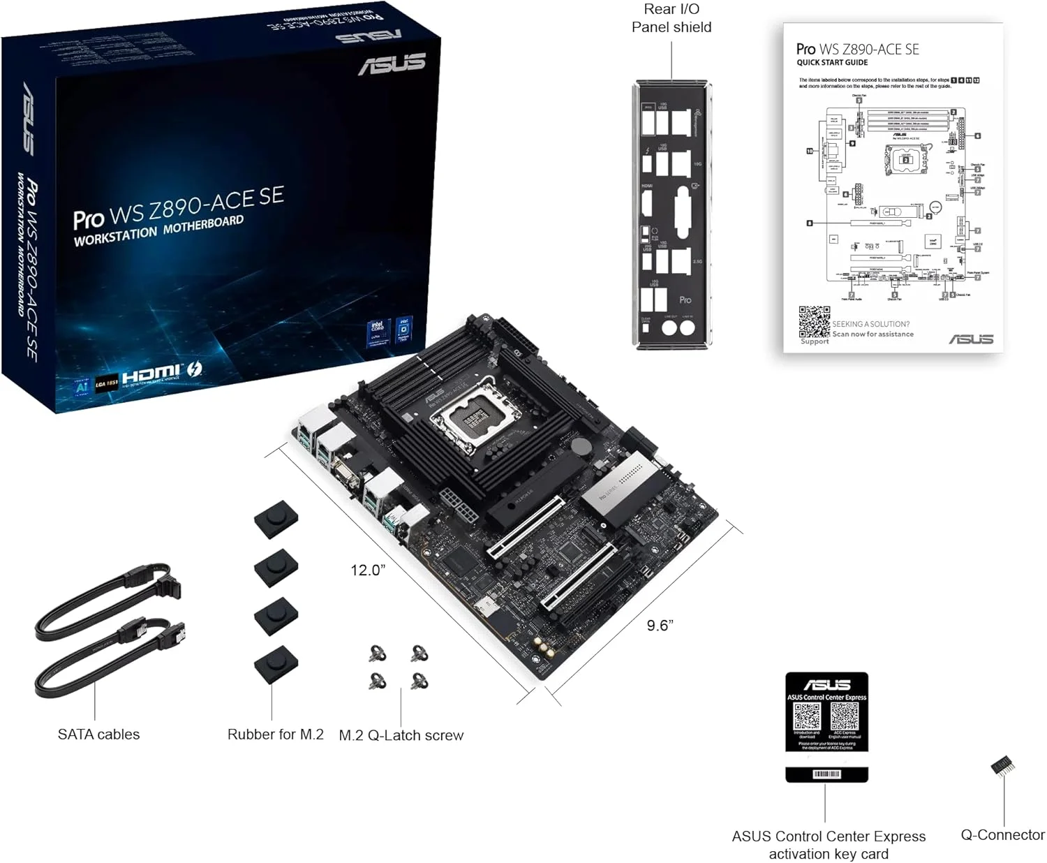 مادربرد ASUS Pro WS Z890-ACE SE Z890 LGA 1851 ATX، آماده برای پردازنده‌های Intel® Core™ Ultra Series 2، دارای قابلیت‌های پیشرفته هوش مصنوعی، PCIe® 5.0، DDR5، LAN 10G و 2.5G، 4X M.2، USB 20Gbps، Thunderbolt™ 4، BMC داخلی، AI OC