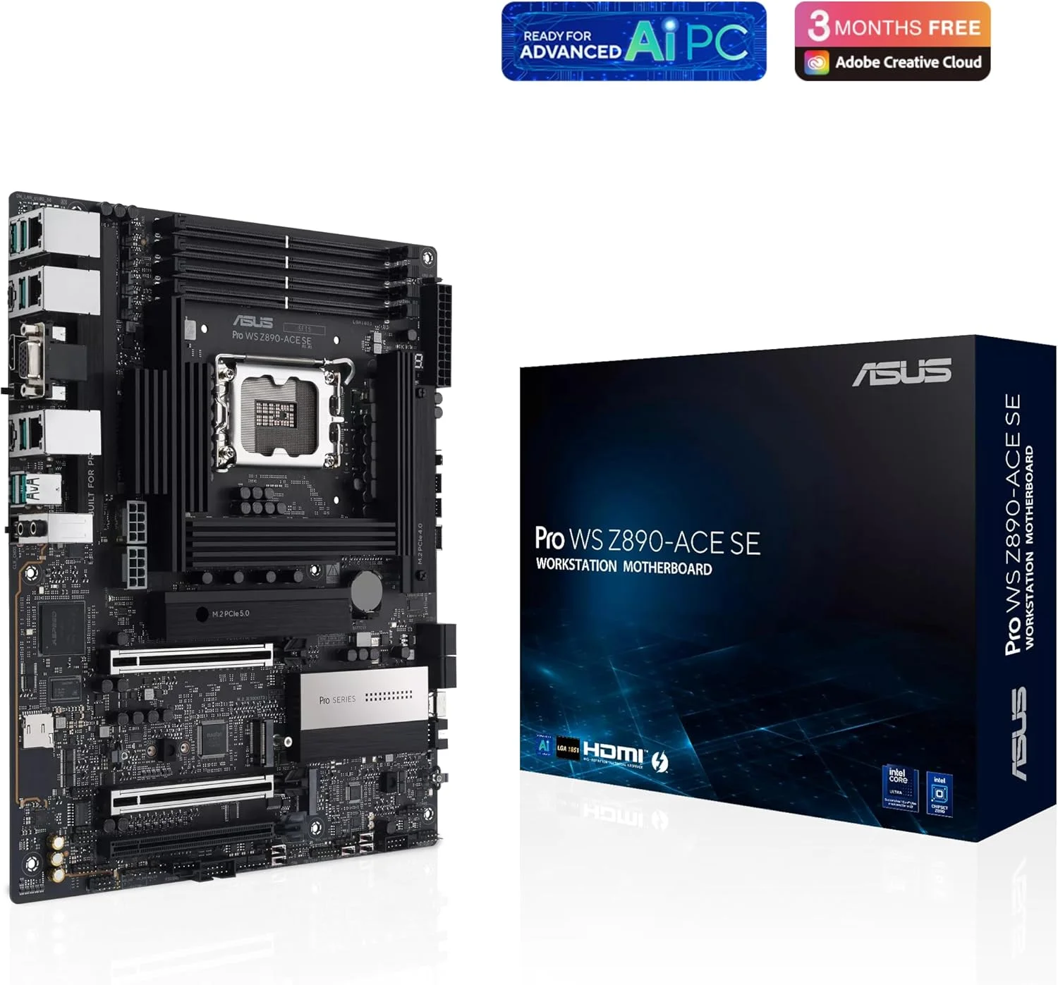 مادربرد ASUS Pro WS Z890-ACE SE Z890 LGA 1851 ATX، آماده برای پردازنده‌های Intel® Core™ Ultra Series 2، دارای قابلیت‌های پیشرفته هوش مصنوعی، PCIe® 5.0، DDR5، LAN 10G و 2.5G، 4X M.2، USB 20Gbps، Thunderbolt™ 4، BMC داخلی، AI OC