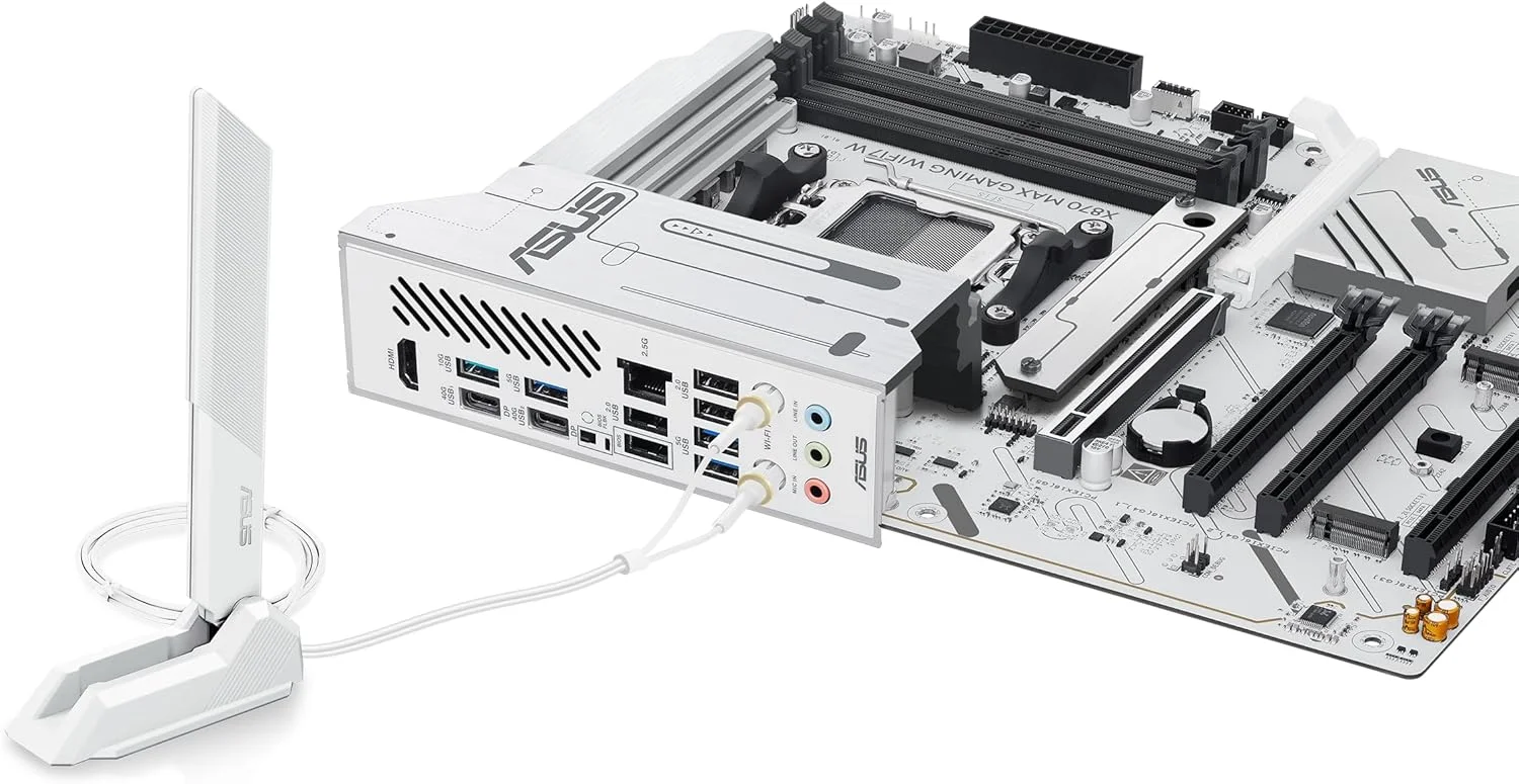 مادربرد ASUS X870 MAX GAMING WIFI7 W AMD AM5 ATX، PCB سفید 8 لایه، 12+2+1 DrMOS 80A، DDR5، PCIe 5.0 x16 Q-Release، 3x M.2، Wi-Fi 7 Q-Antenna، USB4® Type-C®، LAN 2.5Gb، BIOS FlashBack™، Aura Sync