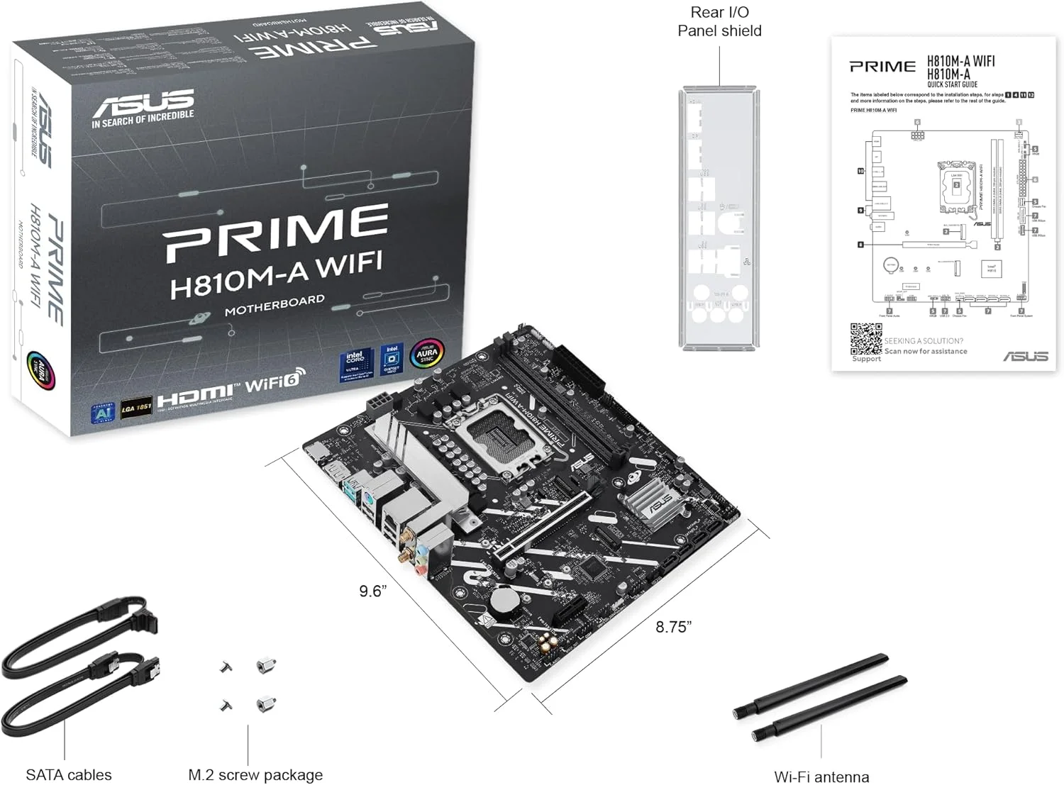 مادربرد ASUS Prime H810M-A WiFi-CSM Intel® H810 LGA 1851 mATX، ماسفت مجزا 6+1+1+1، DDR5، PCIe 4.0، 2X M.2، Intel® 1Gb Ethernet، Wi-Fi 6، DisplayPort، HDMI™، USB 10Gbps، USB 5Gbps Type-C® جلو