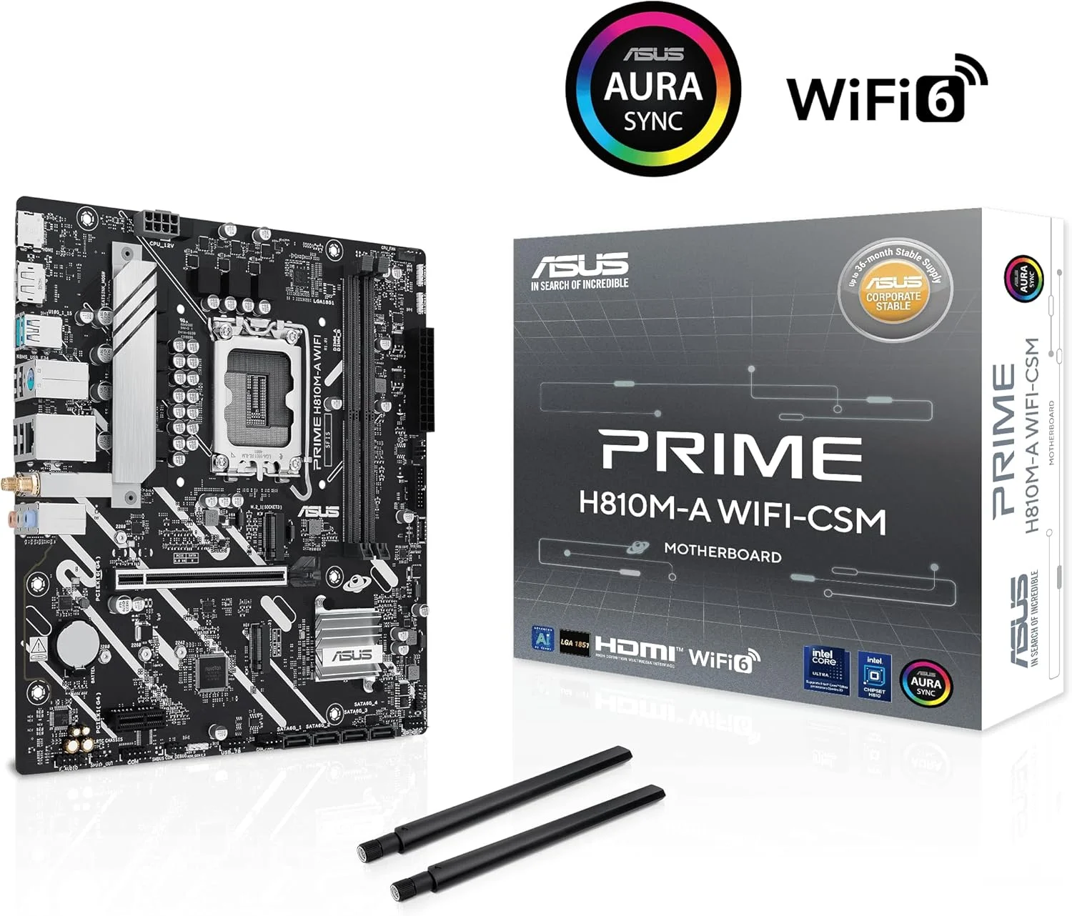 مادربرد ASUS Prime H810M-A WiFi-CSM Intel® H810 LGA 1851 mATX، ماسفت مجزا 6+1+1+1، DDR5، PCIe 4.0، 2X M.2، Intel® 1Gb Ethernet، Wi-Fi 6، DisplayPort، HDMI™، USB 10Gbps، USB 5Gbps Type-C® جلو