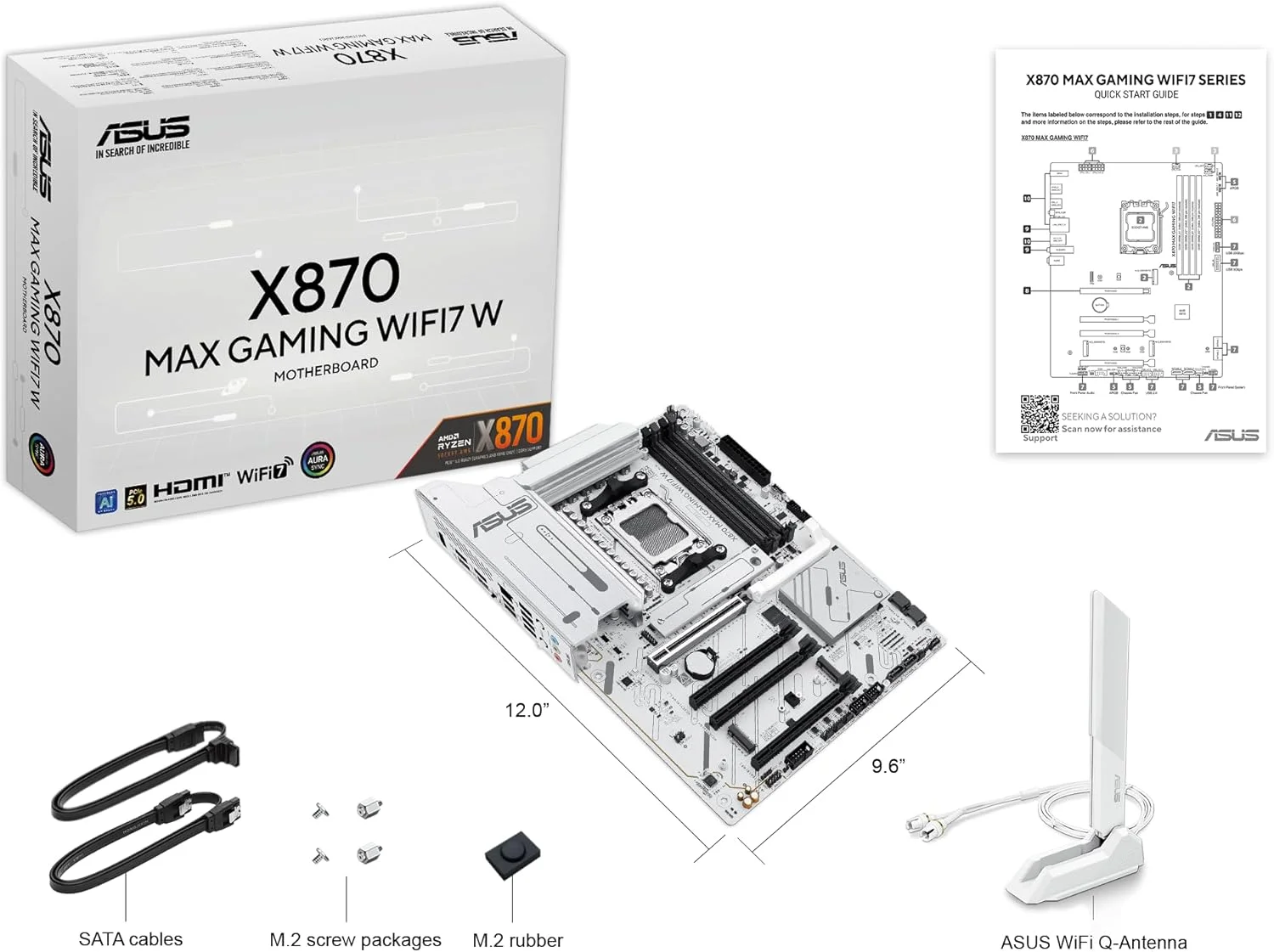 مادربرد ASUS X870 MAX GAMING WIFI7 W AMD AM5 ATX، PCB سفید 8 لایه، 12+2+1 DrMOS 80A، DDR5، PCIe 5.0 x16 Q-Release، 3x M.2، Wi-Fi 7 Q-Antenna، USB4® Type-C®، LAN 2.5Gb، BIOS FlashBack™، Aura Sync