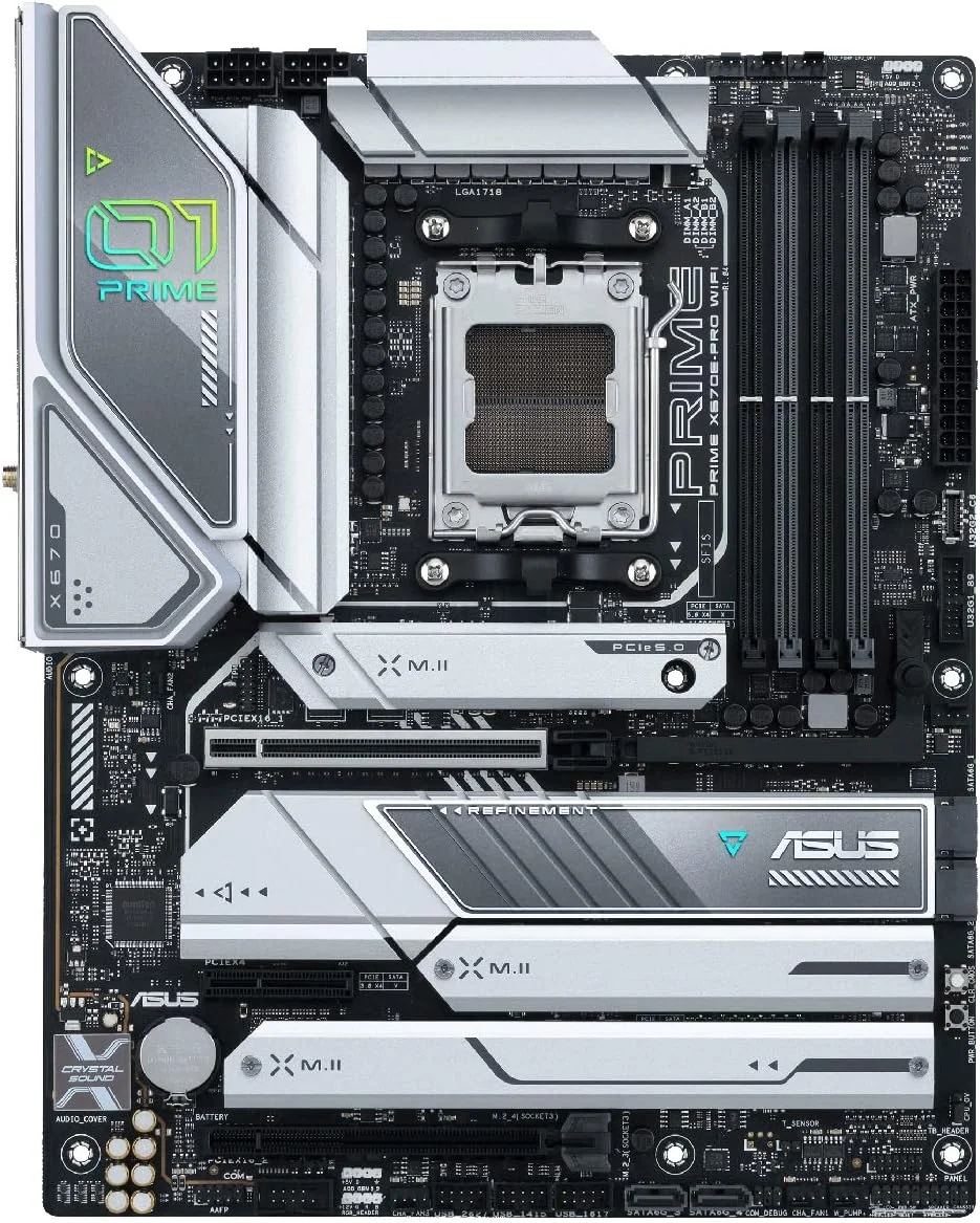 مادربرد ایسوس Prime X670E-PRO WiFi سوکت AM5، LGA 1718، Ryzen 7000 ATX، PCIe 5.0، DDR5، 4 اسلات M.2، USB 3.2 Gen 2x2 Type-C، پشتیبانی از USB4، WiFi 6E، 2.5G - مشکی (بازسازی شده)