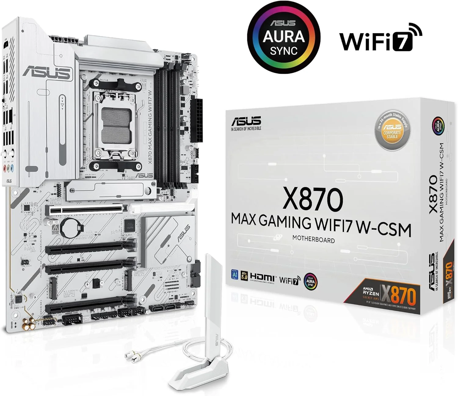 مادربرد ASUS X870 MAX GAMING WIFI7 W AMD AM5 ATX، PCB سفید 8 لایه، 12+2+1 DrMOS 80A، DDR5، PCIe 5.0 x16 Q-Release، 3x M.2، Wi-Fi 7 Q-Antenna، USB4® Type-C®، LAN 2.5Gb، BIOS FlashBack™، Aura Sync
