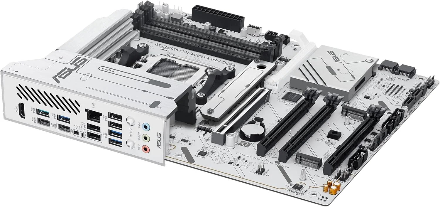 مادربرد ASUS X870 MAX GAMING WIFI7 W AMD AM5 ATX، PCB سفید 8 لایه، 12+2+1 DrMOS 80A، DDR5، PCIe 5.0 x16 Q-Release، 3x M.2، Wi-Fi 7 Q-Antenna، USB4® Type-C®، LAN 2.5Gb، BIOS FlashBack™، Aura Sync