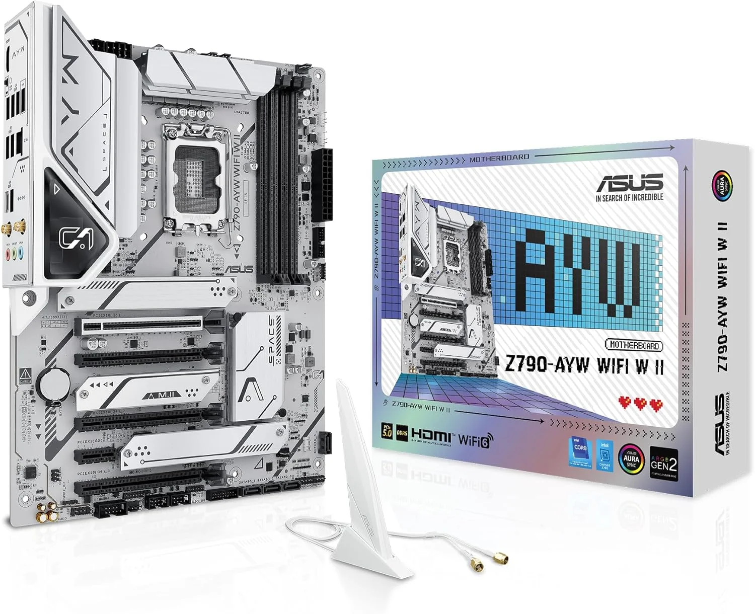 مادربرد ایسوس ASUS Z790-AYW WiFi W II Intel Z790 (LGA 1700) ATX با PCIe® 5.0، 3X M.2، 12+1 DrMOS، DDR5، WiFi 6، 2.5Gb LAN، HDMI، USB 10Gbps Type-C®، USB 10Gbps Type-C®، Thunderbolt™، USB4®، Aura Sync