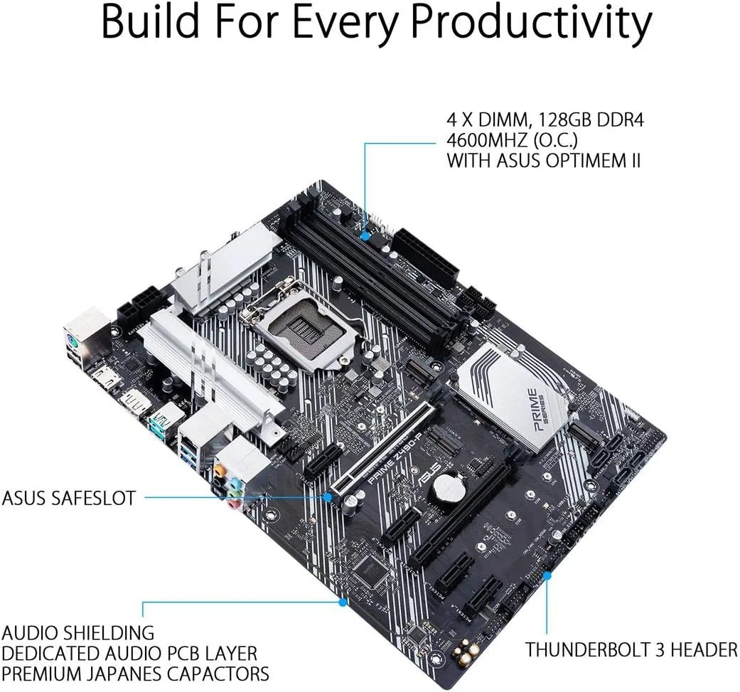 مادربرد ایسوس پرایم Z490-P LGA 1200 (نسل دهم اینتل) ATX (دو M.2، DDR4 4600، اترنت 1 گیگابیتی، USB 3.2 Gen 2 USB Type-A®، پشتیبانی از Thunderbolt™ 3، Aura Sync RGB)
