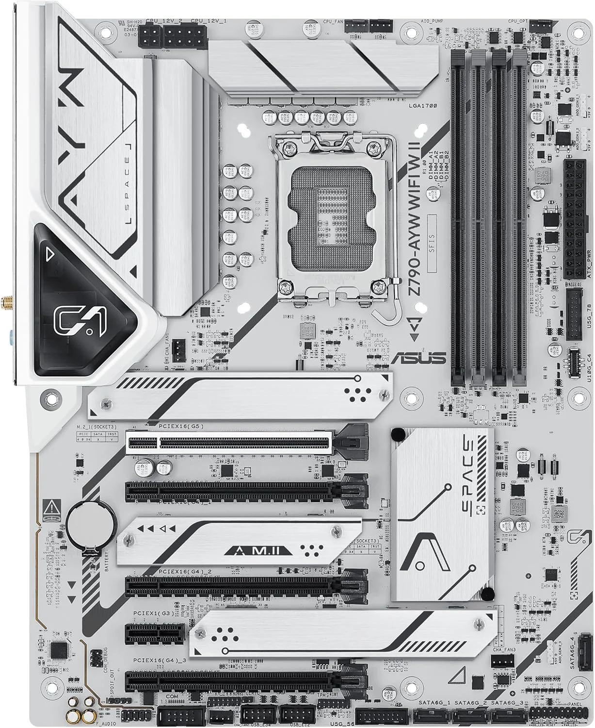 مادربرد ایسوس ASUS Z790-AYW WiFi W II Intel Z790 (LGA 1700) ATX با PCIe® 5.0، 3X M.2، 12+1 DrMOS، DDR5، WiFi 6، 2.5Gb LAN، HDMI، USB 10Gbps Type-C®، USB 10Gbps Type-C®، Thunderbolt™، USB4®، Aura Sync
