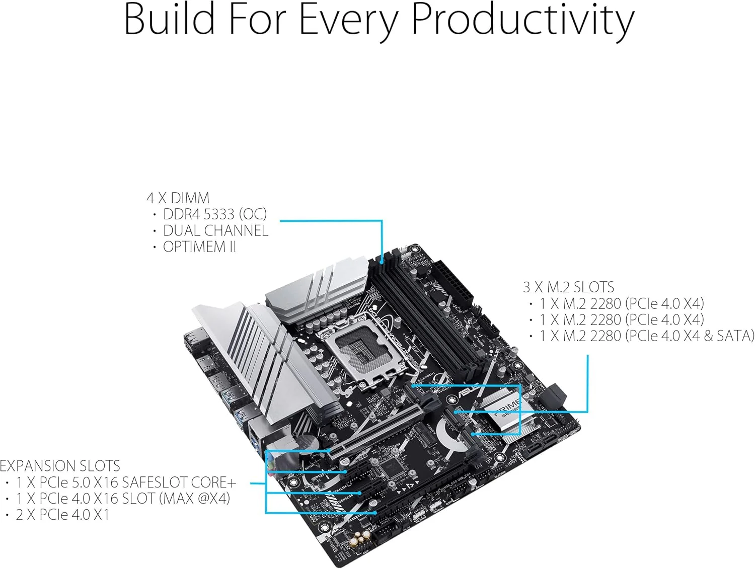 مادربرد ایسوس Prime Z790M-Plus D4 LGA 1700 (پشتیبانی از نسل 12 و 13 اینتل)، microATX (PCIe® 5.0, 3xM.2 Slots, 10+1 DrMOS, DDR4, 1Gb LAN, USB 3.2 Gen 2x2 Type-C®, USB 3.2 Gen 1 Type-C در جلو, Thunderbolt 4 USB4®)