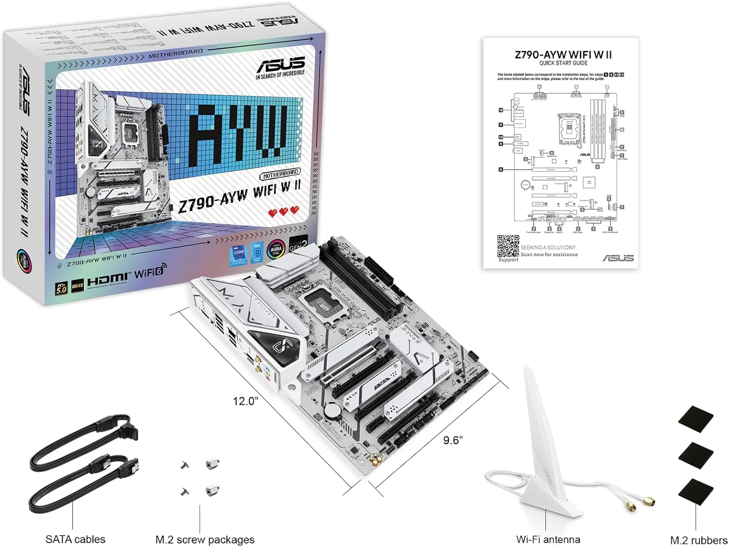 مادربرد ایسوس ASUS Z790-AYW WiFi W II Intel Z790 (LGA 1700) ATX با PCIe® 5.0، 3X M.2، 12+1 DrMOS، DDR5، WiFi 6، 2.5Gb LAN، HDMI، USB 10Gbps Type-C®، USB 10Gbps Type-C®، Thunderbolt™، USB4®، Aura Sync