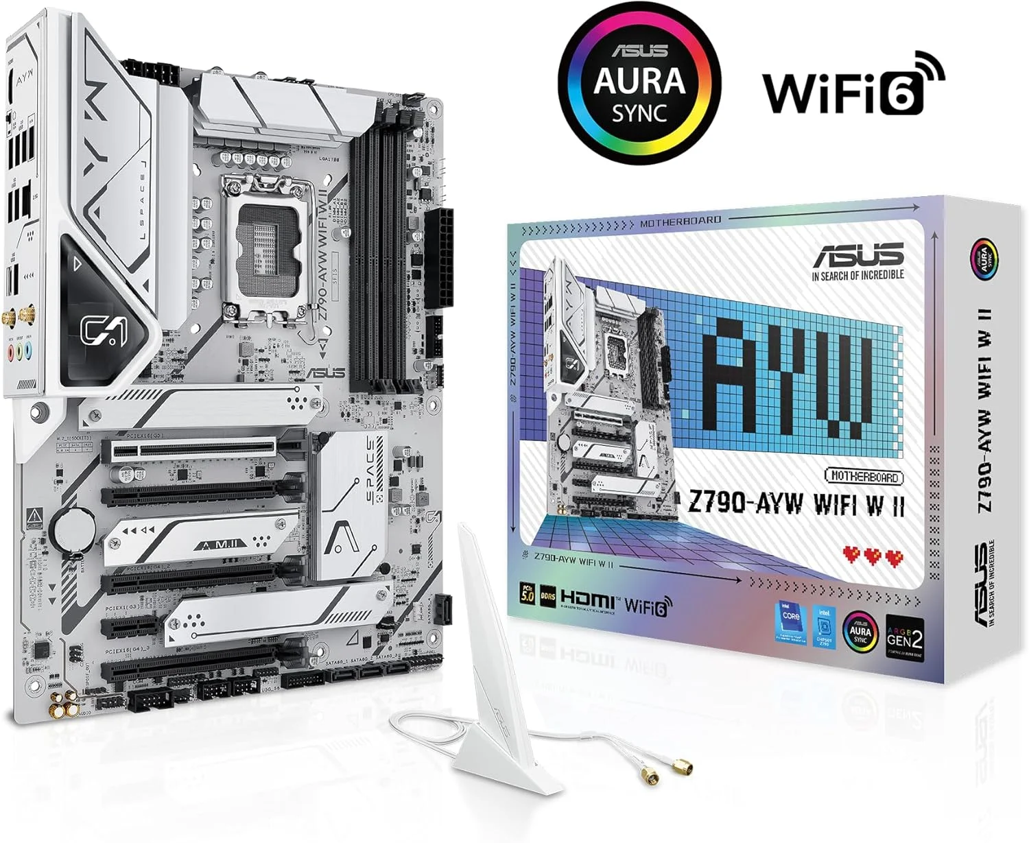مادربرد ایسوس ASUS Z790-AYW WiFi W II Intel Z790 (LGA 1700) ATX با PCIe® 5.0، 3X M.2، 12+1 DrMOS، DDR5، WiFi 6، 2.5Gb LAN، HDMI، USB 10Gbps Type-C®، USB 10Gbps Type-C®، Thunderbolt™، USB4®، Aura Sync