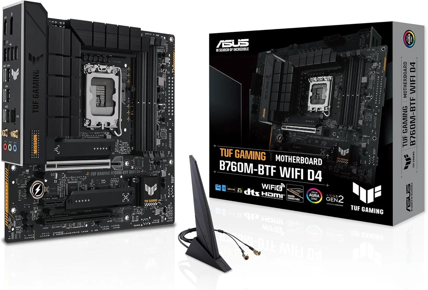 مادربرد ایسوس TUF Gaming B760M-BTF WIFI D4 Micro-ATX Intel، چیپست Intel B760، 4 اسلات DDR4 DIMM، حداکثر حافظه 128 گیگابایت، 3 اسلات M.2، اتصال Wi-Fi 6 و بلوتوث نسخه 5.2 - مشکی