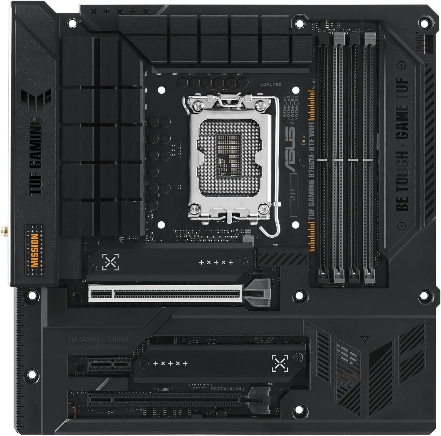 مادربرد ایسوس TUF Gaming B760M-BTF-WIFI micro-ATX، چیپست Intel B760، 4 عدد DIMM، حداکثر 192 گیگابایت، DDR5، 1 عدد DisplayPort، 1 عدد اسلات PCIe 5.0 x16 - مشکی