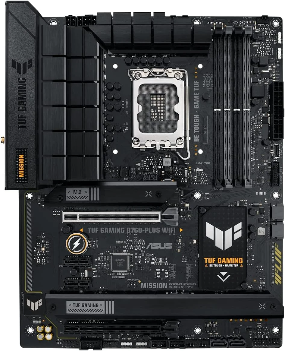 مادربرد ایسوس TUF Gaming B760-PLUS WiFi، نسل 12 و 13 اینتل، LGA 1700 ATX، PCIe 5.0، 3 اسلات PCIe 4.0 M.2، DDR4، LAN 2.5 گیگابیتی - مشکی