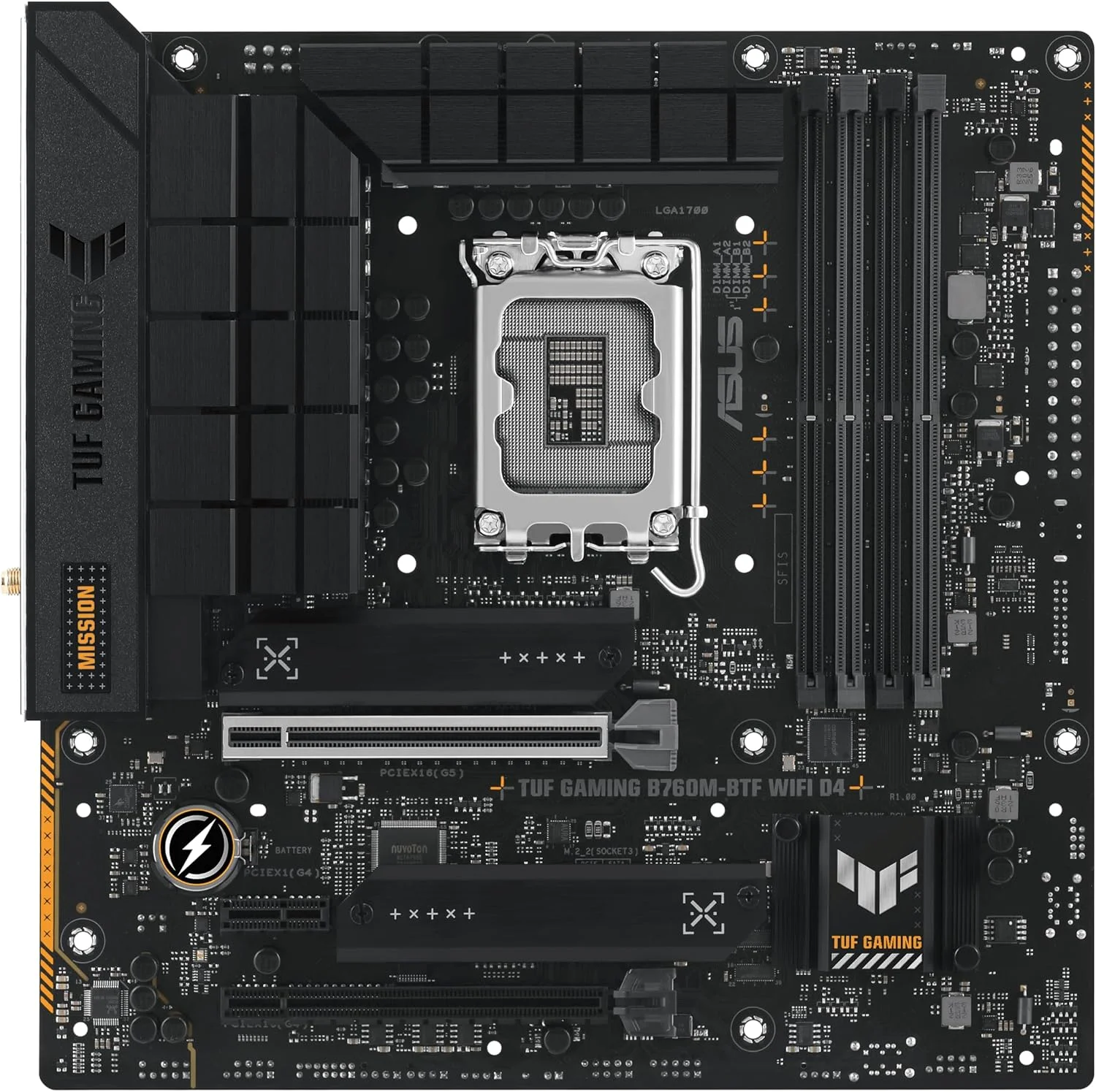 مادربرد ایسوس TUF Gaming B760M-BTF WIFI D4 Micro-ATX Intel، چیپست Intel B760، 4 اسلات DDR4 DIMM، حداکثر حافظه 128 گیگابایت، 3 اسلات M.2، اتصال Wi-Fi 6 و بلوتوث نسخه 5.2 - مشکی