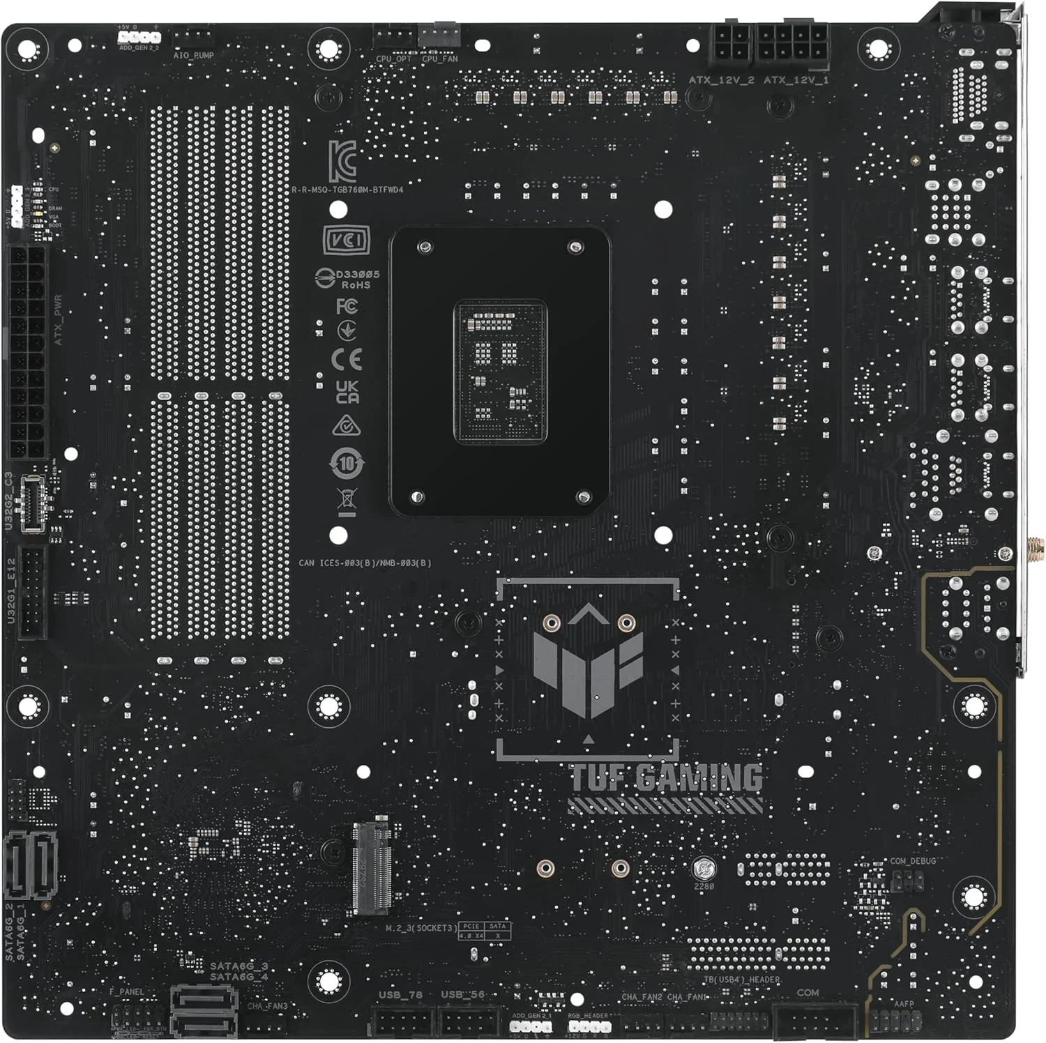 مادربرد ایسوس TUF Gaming B760M-BTF WIFI D4 Micro-ATX Intel، چیپست Intel B760، 4 اسلات DDR4 DIMM، حداکثر حافظه 128 گیگابایت، 3 اسلات M.2، اتصال Wi-Fi 6 و بلوتوث نسخه 5.2 - مشکی
