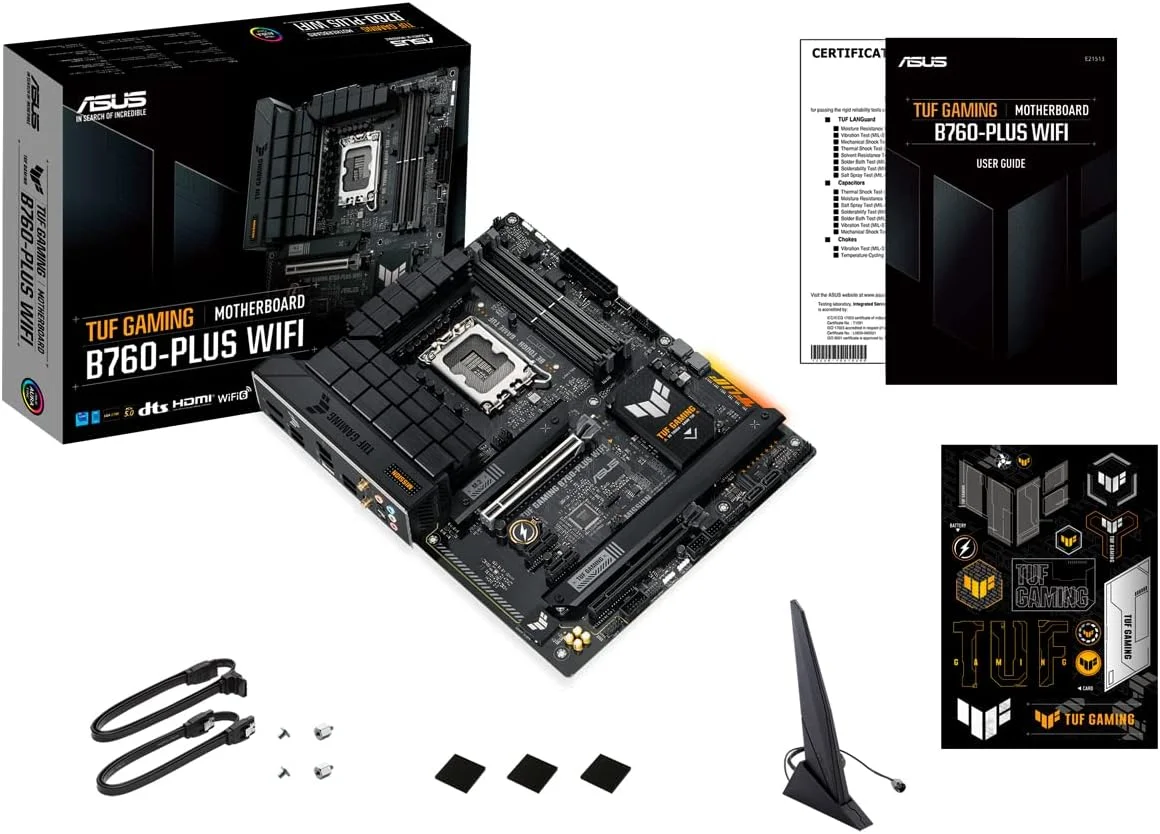 مادربرد ایسوس TUF Gaming B760-PLUS WiFi، نسل 12 و 13 اینتل، LGA 1700 ATX، PCIe 5.0، 3 اسلات PCIe 4.0 M.2، DDR4، LAN 2.5 گیگابیتی - مشکی