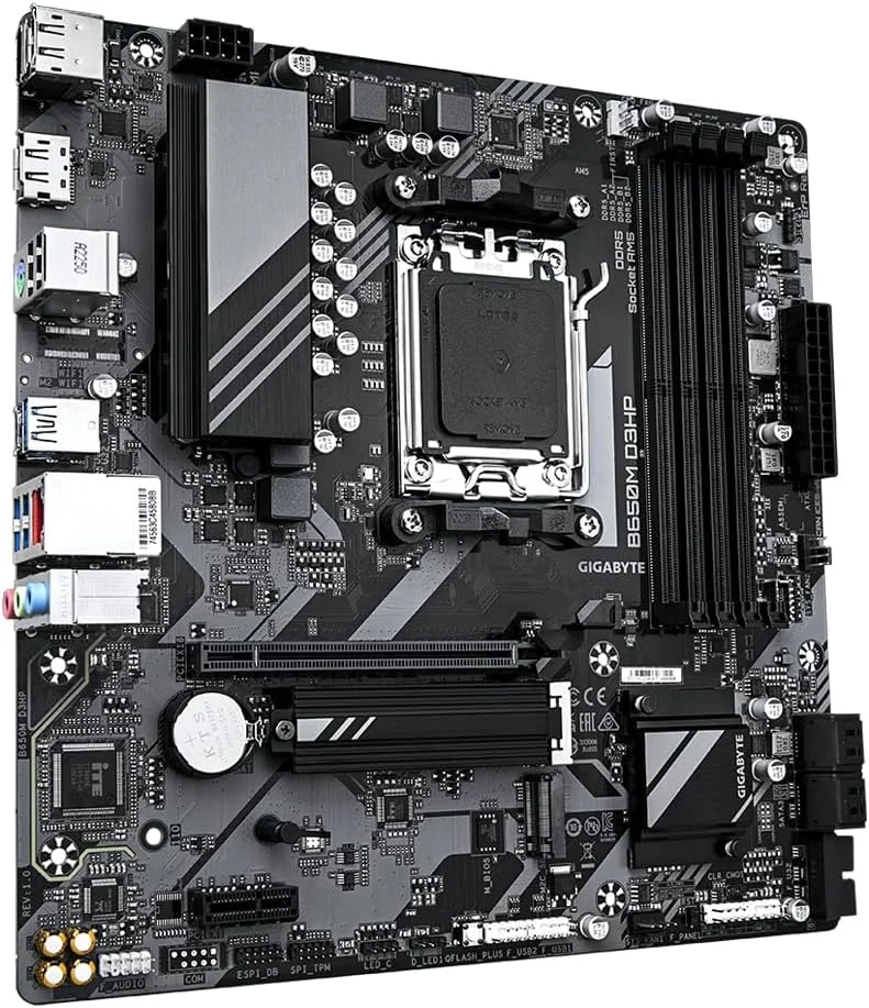 مادربرد گیگابایت B650M D3HP - پشتیبانی از پردازنده های AMD Ryzen 7000، دارای VRM دیجیتال 15+2+2 فاز، پشتیبانی از DDR5 تا 7600 مگاهرتز (OC)، دارای 2 اسلات PCIe 4.0 M2، شبکه 2.5GbE LAN، USB 3.2 Gen 1