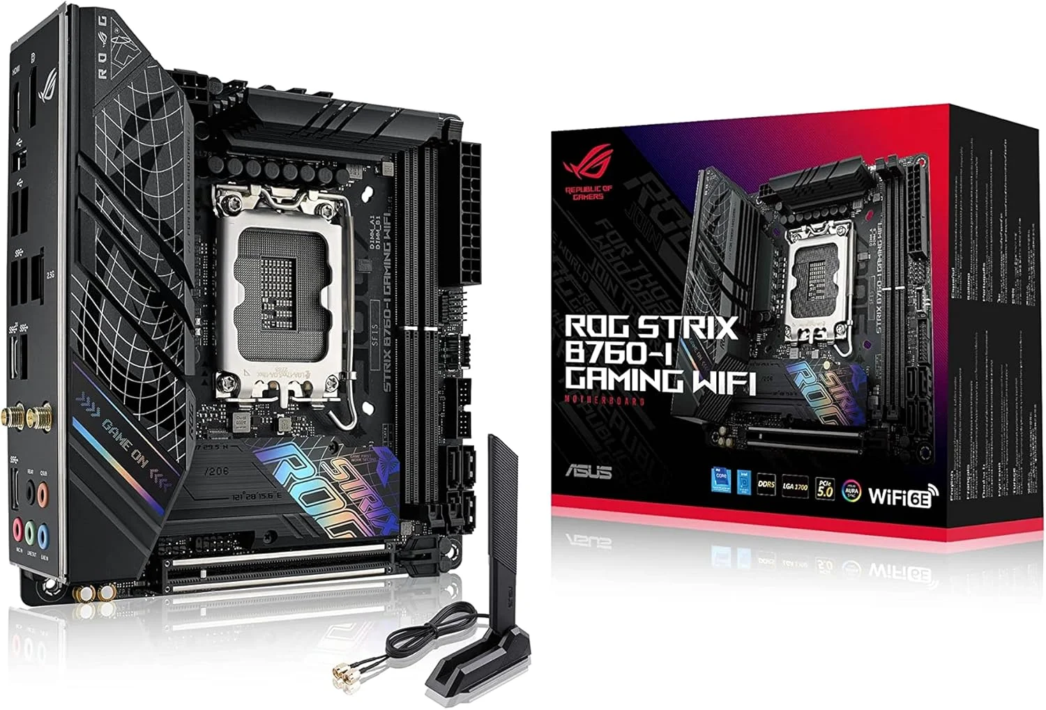مادربرد ایسوس ROG STRIX B760I GAMING WIFI، خانواده پردازنده Intel، سوکت پردازنده LGA1700، اسلات حافظه DDR5 DIMM، 2 اسلات حافظه، رابط های هارد دیسک پشتیبانی شده SATA M.2، تعداد SATA